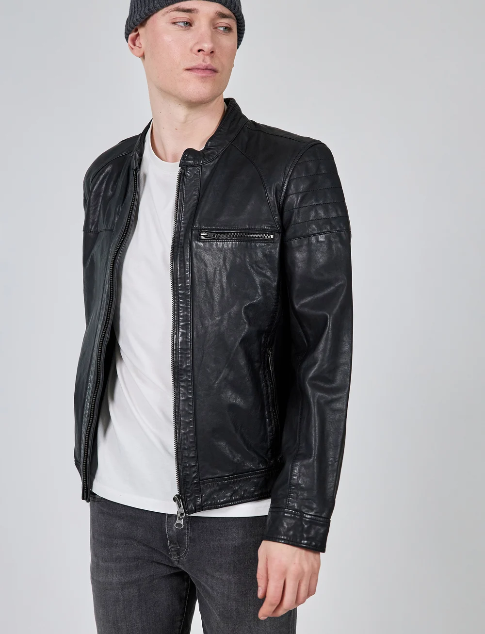 Jofama - Costner Zipped Leather Jacket - efterårsjakker - black - 0