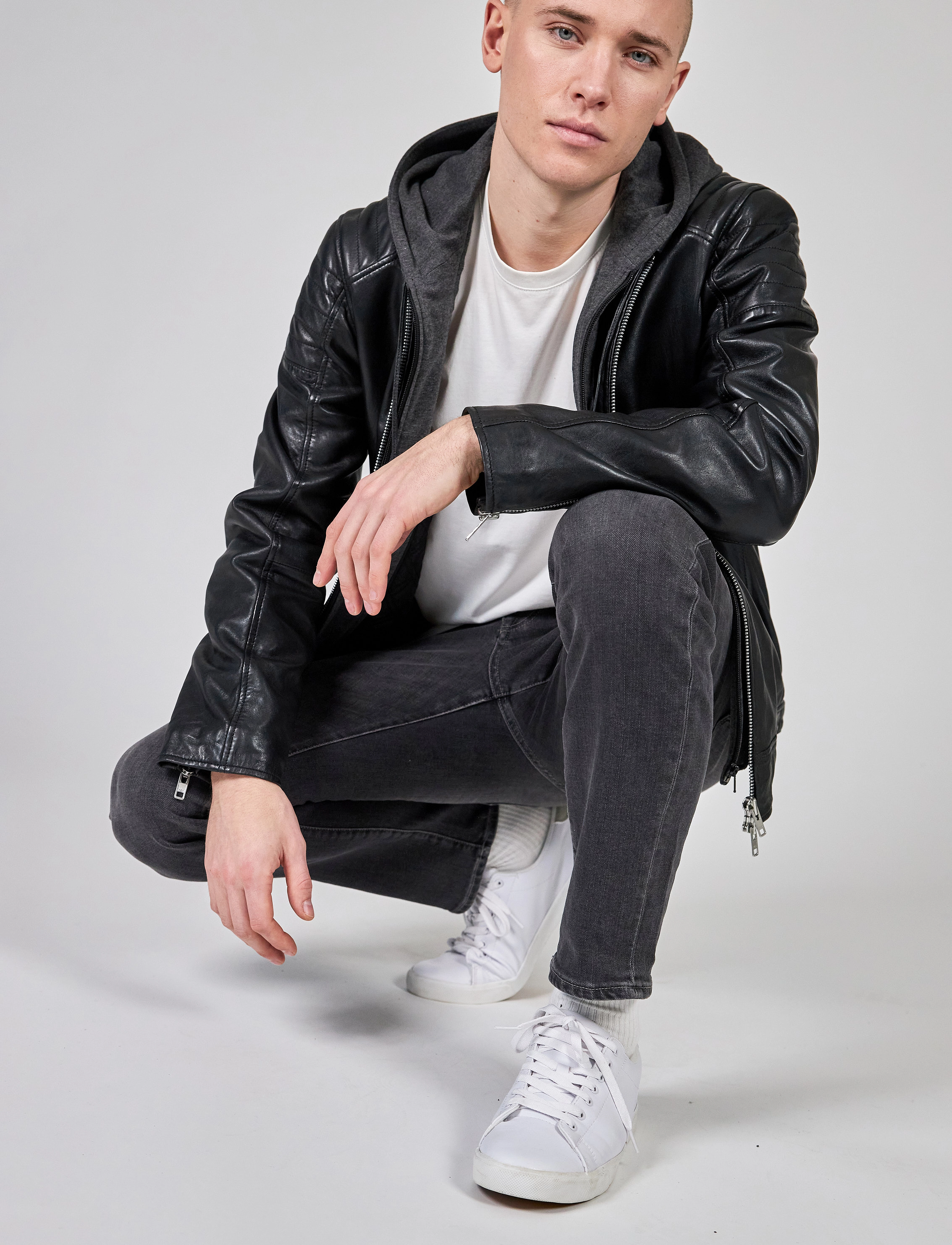 Jofama Tom Hooded Racer - Lederjacken - BLACK / black
