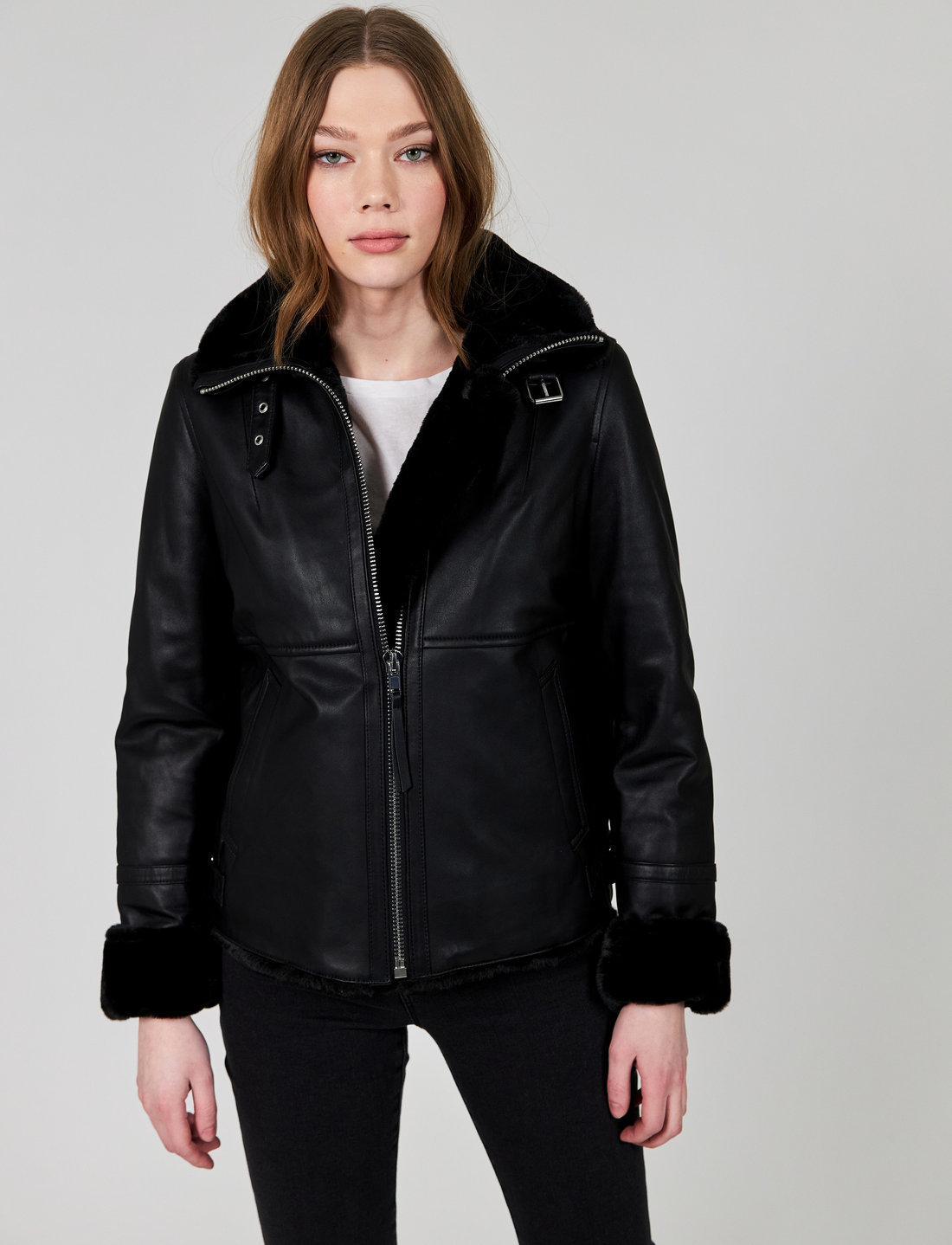 Ladies black 2025 leather aviator jacket