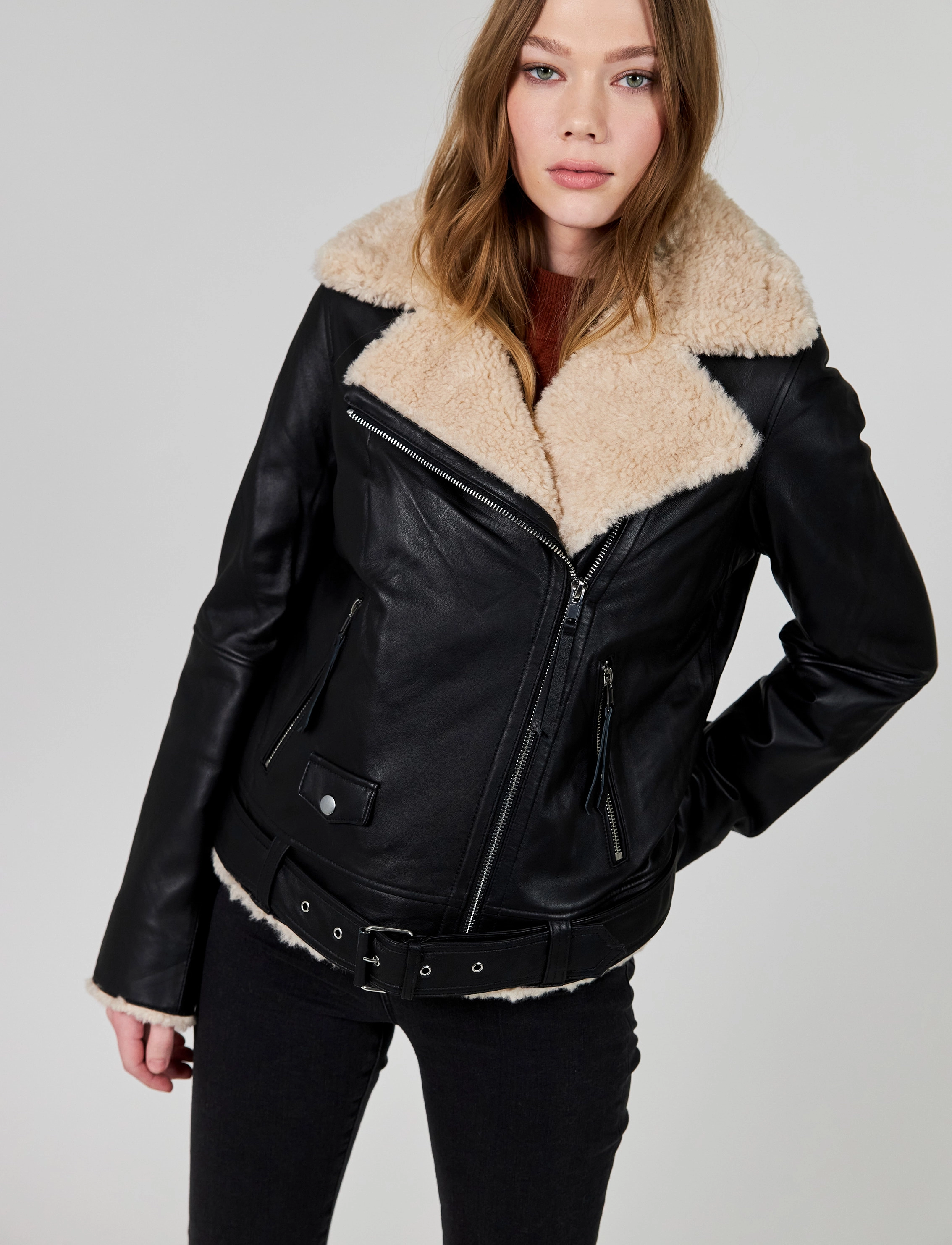 Jofama Bea Shearling Leather Biker, 38, Jackets, Schwarz - Leather, Frauen