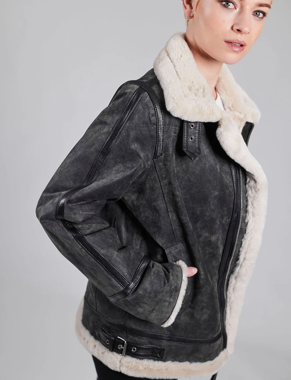 Jofama - Lydia Shearling Jacket - nahktagid - graphite - 4