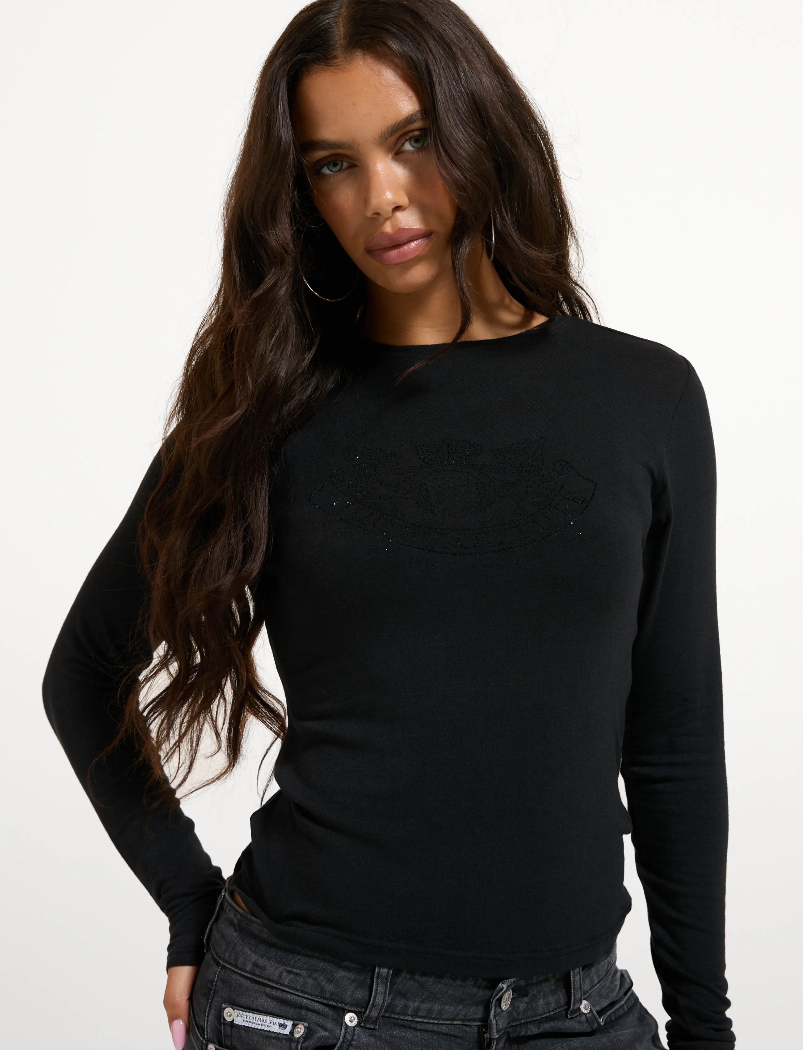 Juicy Couture DIAMANTE DOG CREST LONG SLEEVE T-SHIRT - Långärmade toppar - BLACK / black