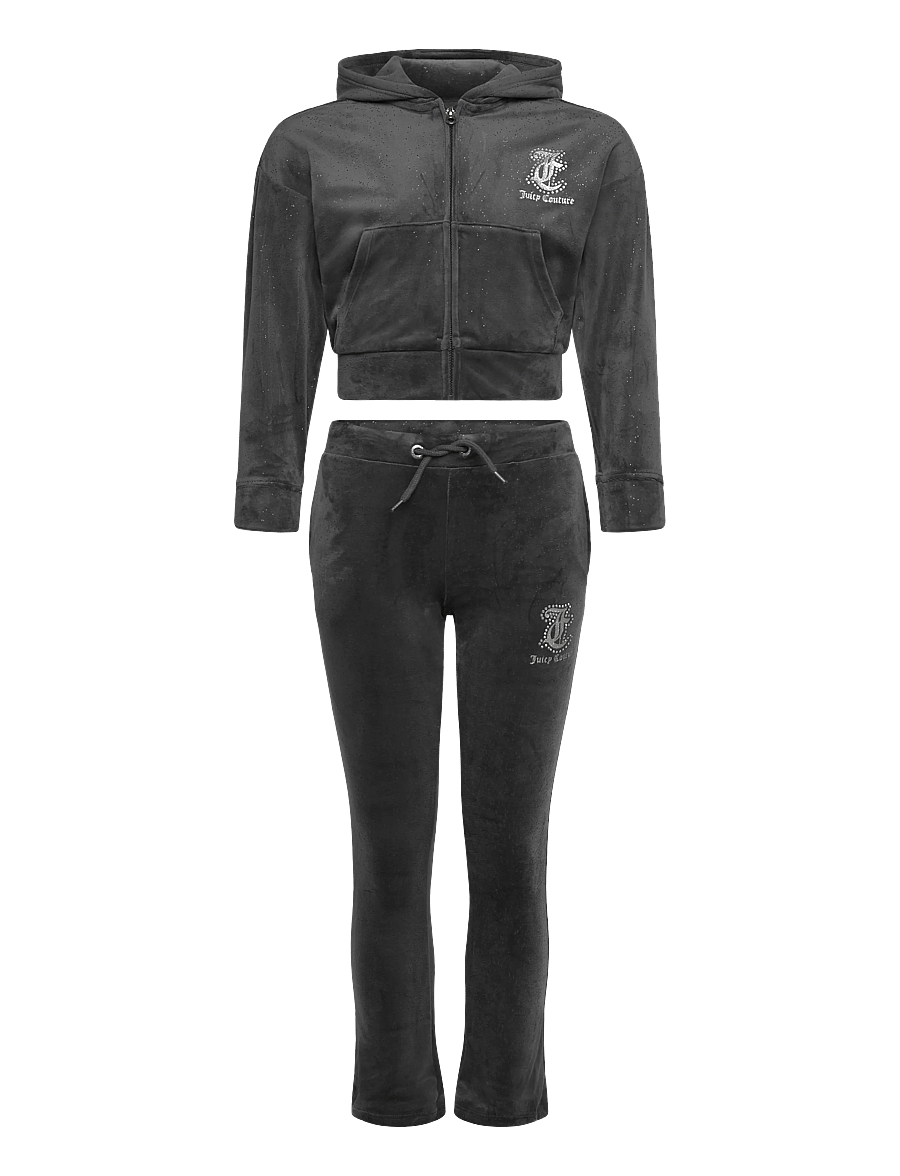 Juicy Couture - Glitter Velour Cropped Zip Thru & Bootcut Set - sportanzüge - black oyster - 0