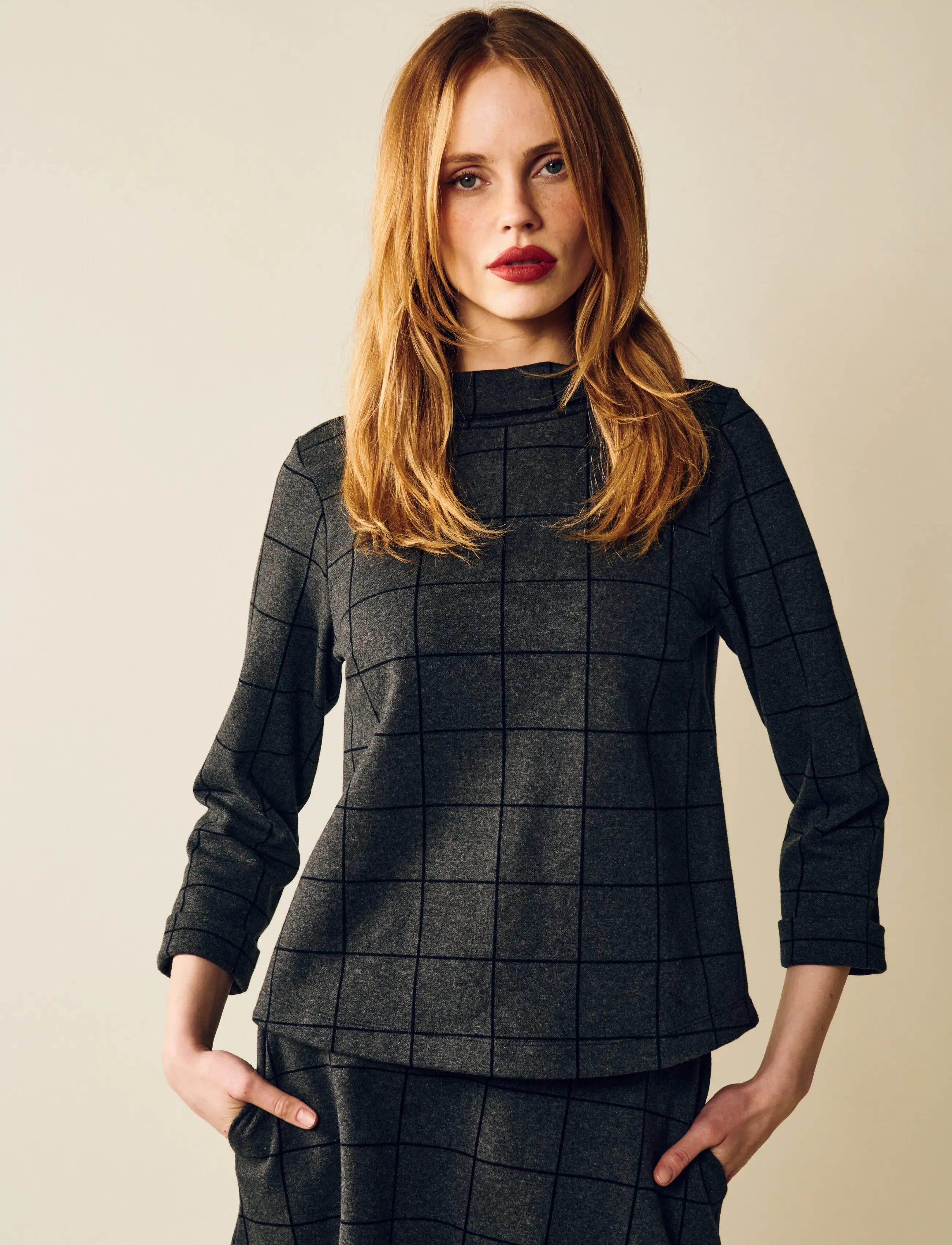 Jumperfabriken Tara Houndstooth Jumper, Kvinder, Ternet Højhalset Jumper, Grå, Str: XL