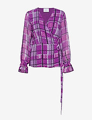 Just Female - Eila wrap blouse - long-sleeved blouses - iris orchid check - 0