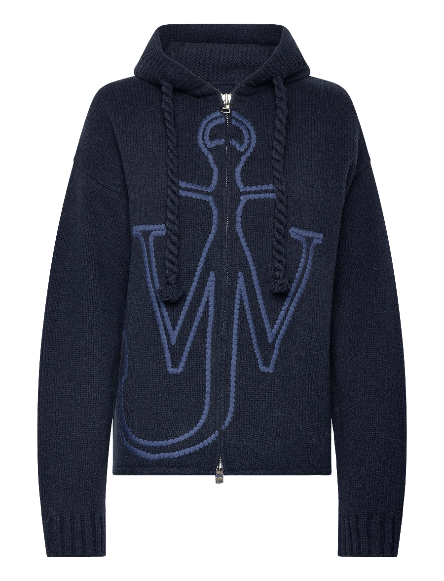 JW Anderson - Anchor-logo hooded zip-up cardigan - susegamieji megztiniai - blue - 0