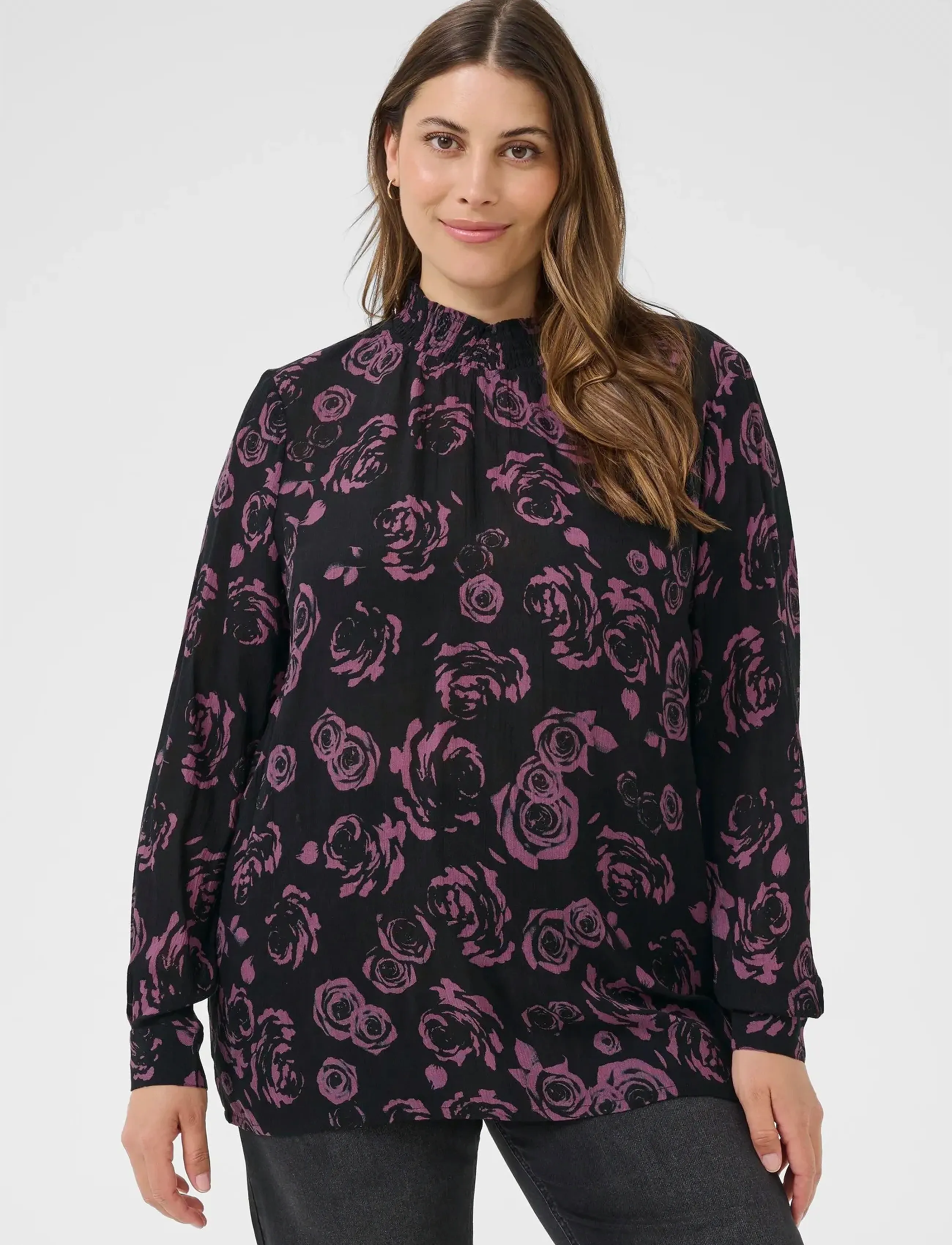 Kaffe Curve KCami LS Blouse Printed - Blouses & Shirts - BLACK TULIPWOOD ROSE / black