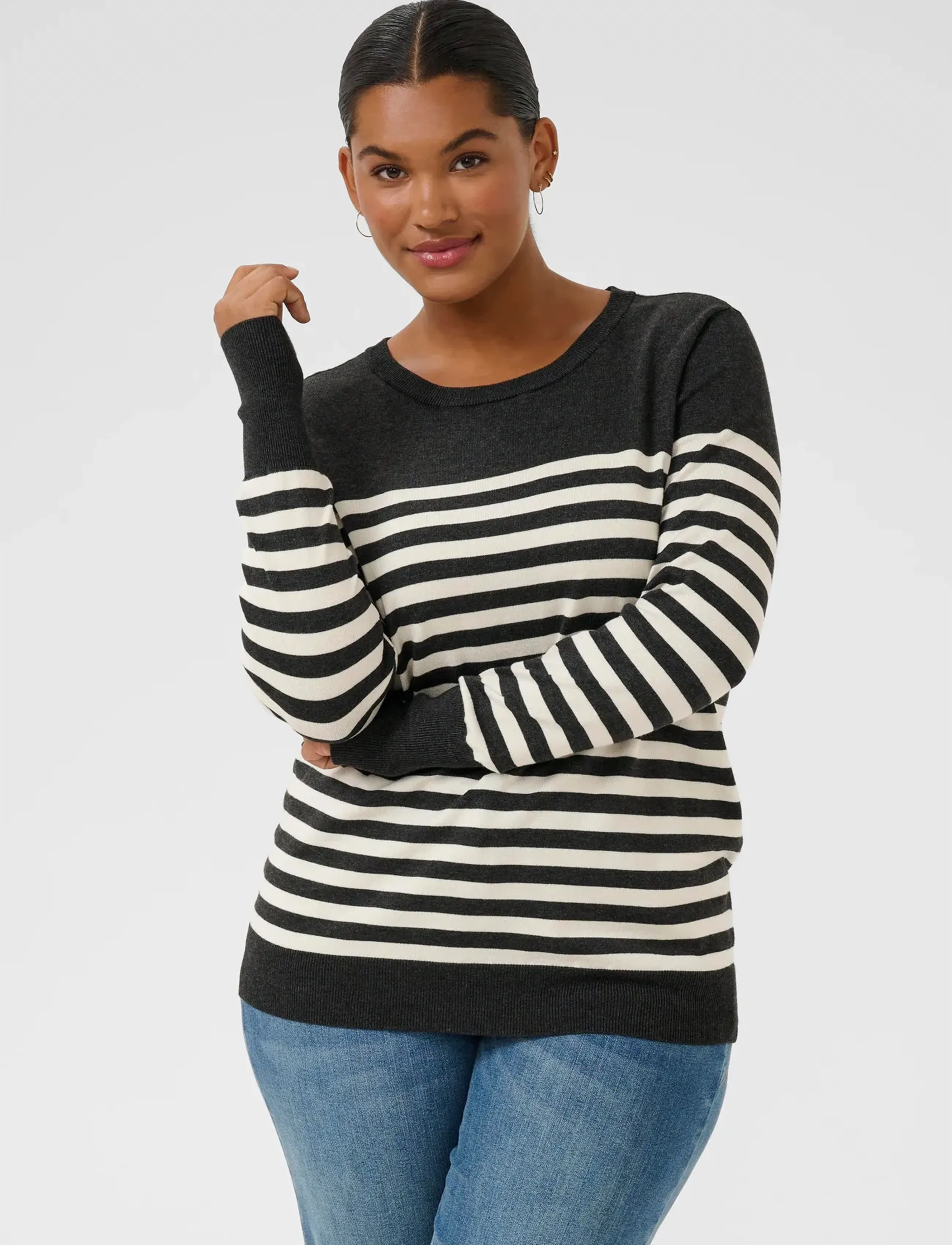 Kaffe Curve Kclizzy Striped Knit Pullover, Stribet Strikket Pullover, Sort, Str: S