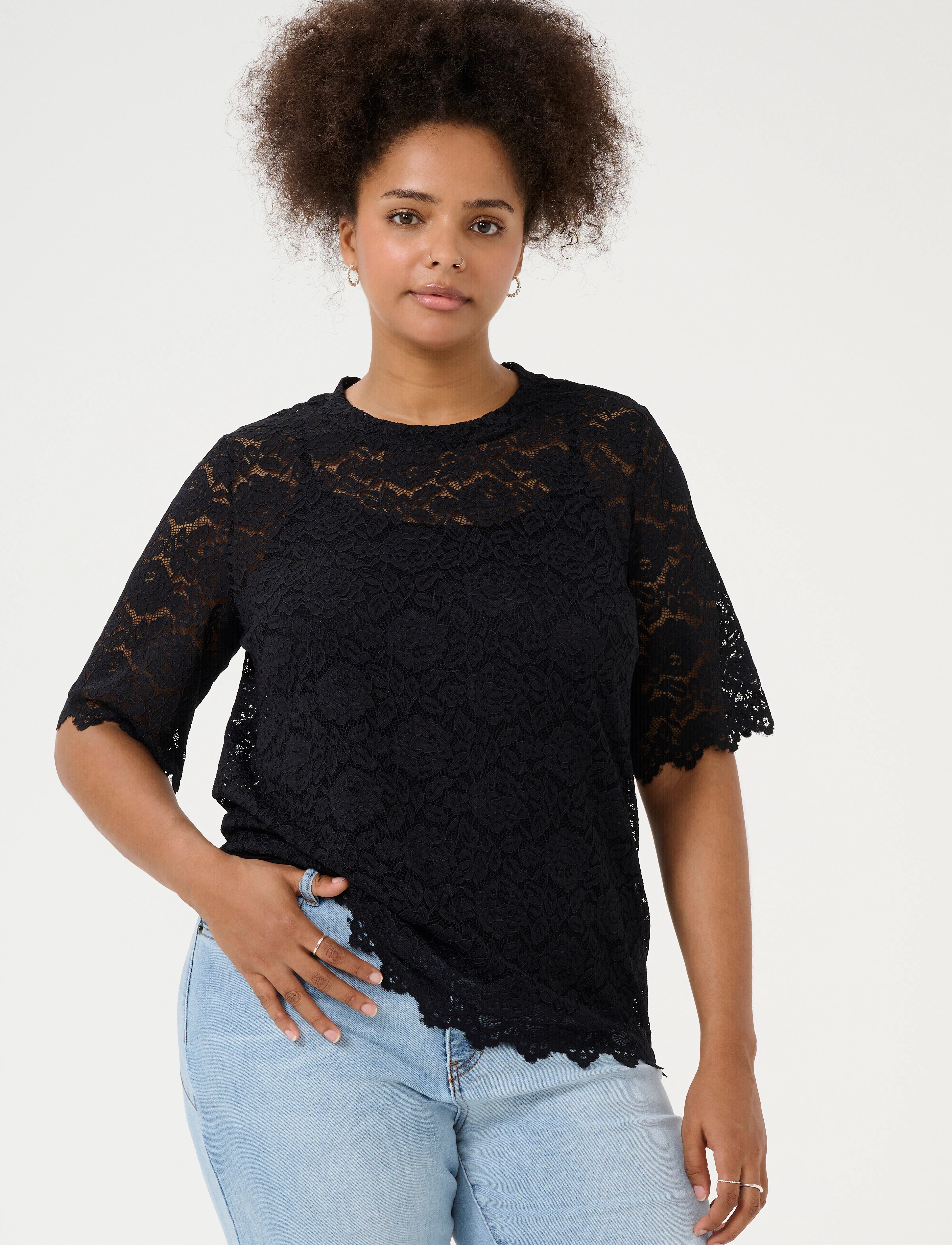 Kaffe Curve KCjaida Lace T-Shirt - T-shirts & Toppar - BLACK DEEP / black