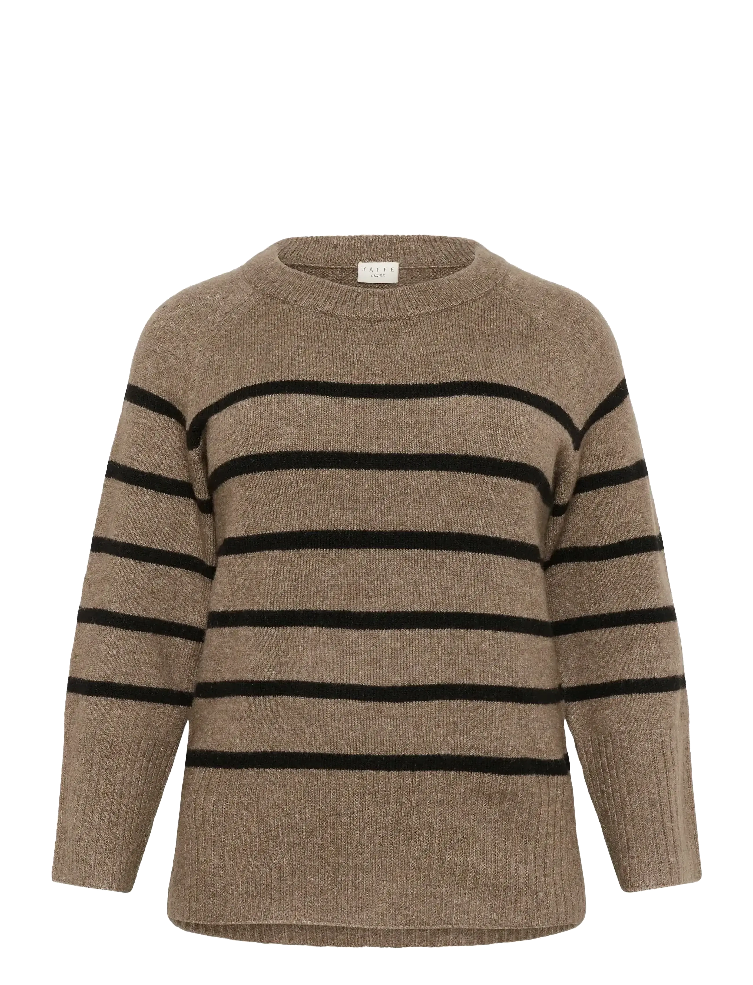Kaffe Curve KCerina Knit Pullover - Tøj - MOREL MELANGE BLACK STRIPE / brown