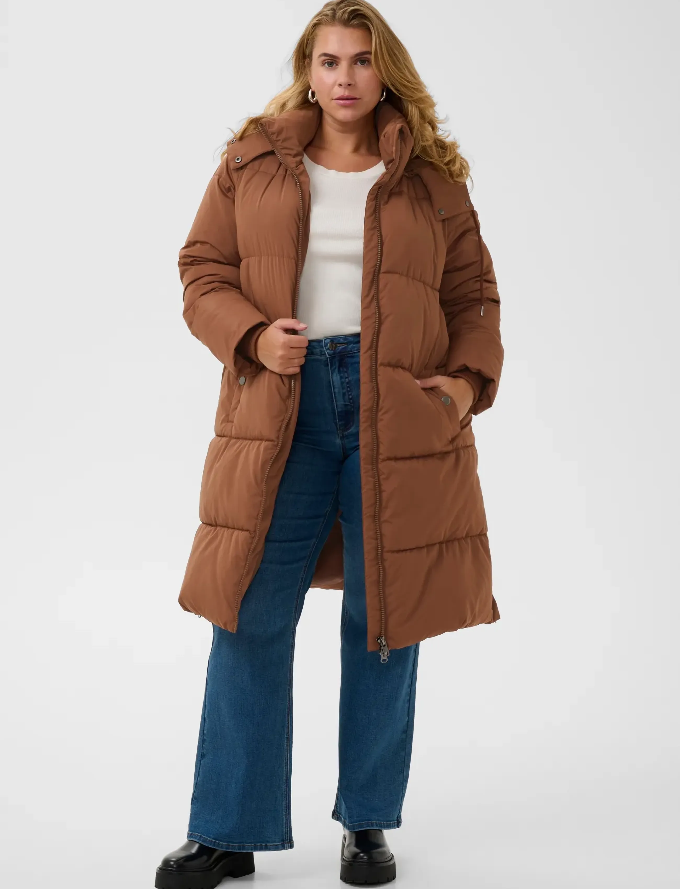 Kaffe Curve Kcnikole Padded Coat, Kvinder, Lang Vatteret Hættefrakke, Brun, Str: 44