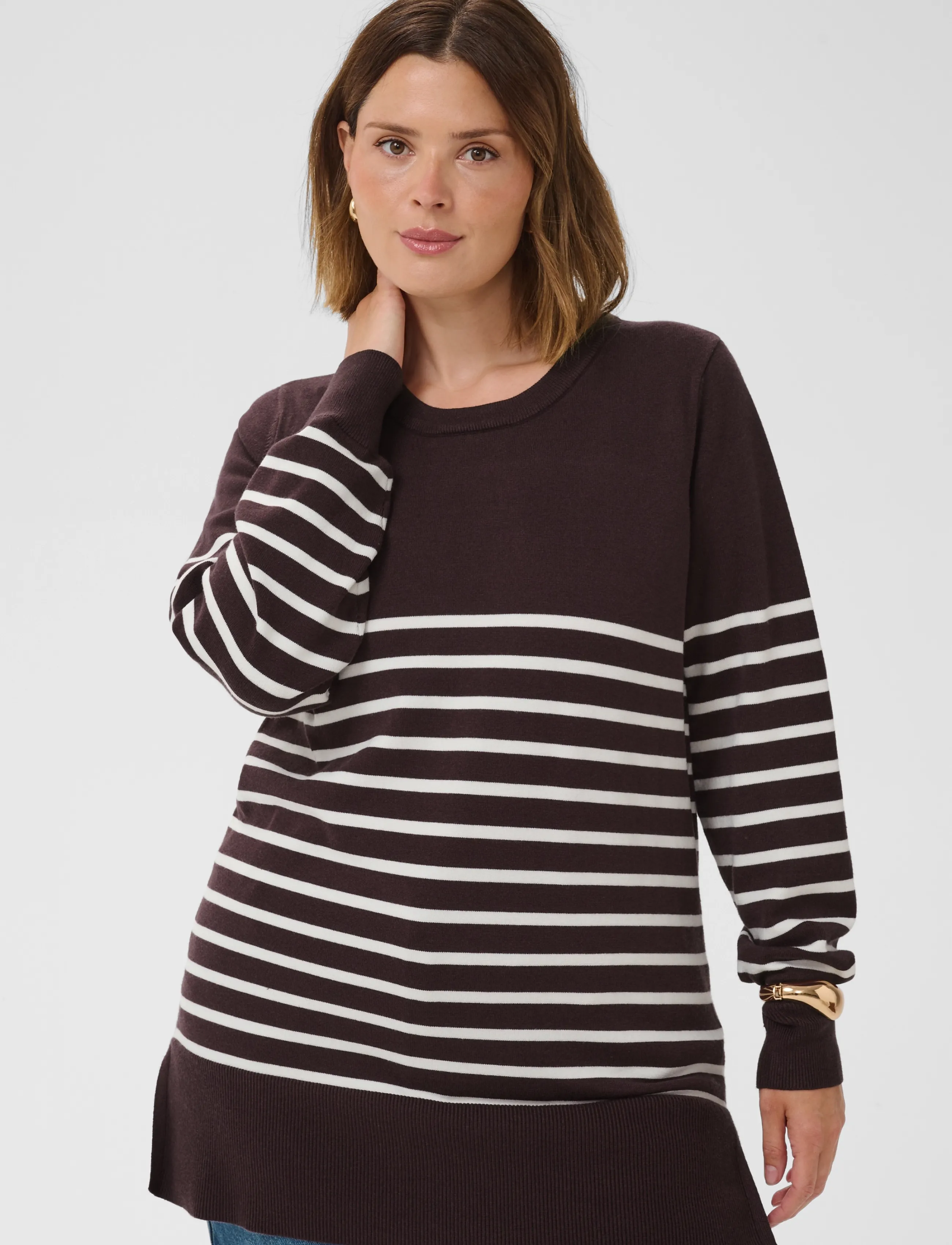Kaffe Curve - KCliona long Pullover - striktrøjer - fudge/whisperwhite stripe - 2