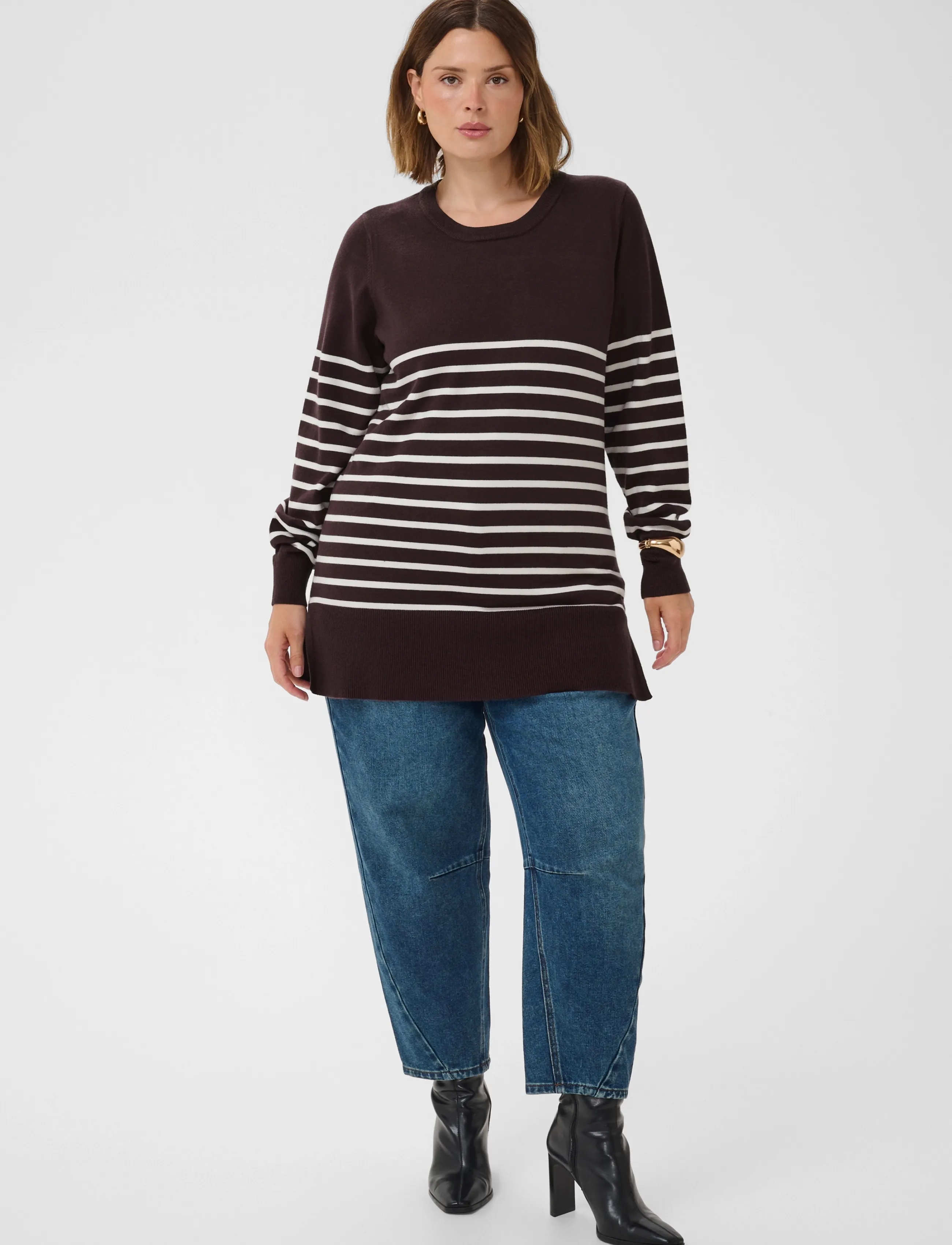 Kaffe Curve - KCliona long Pullover - striktrøjer - fudge/whisperwhite stripe - 3