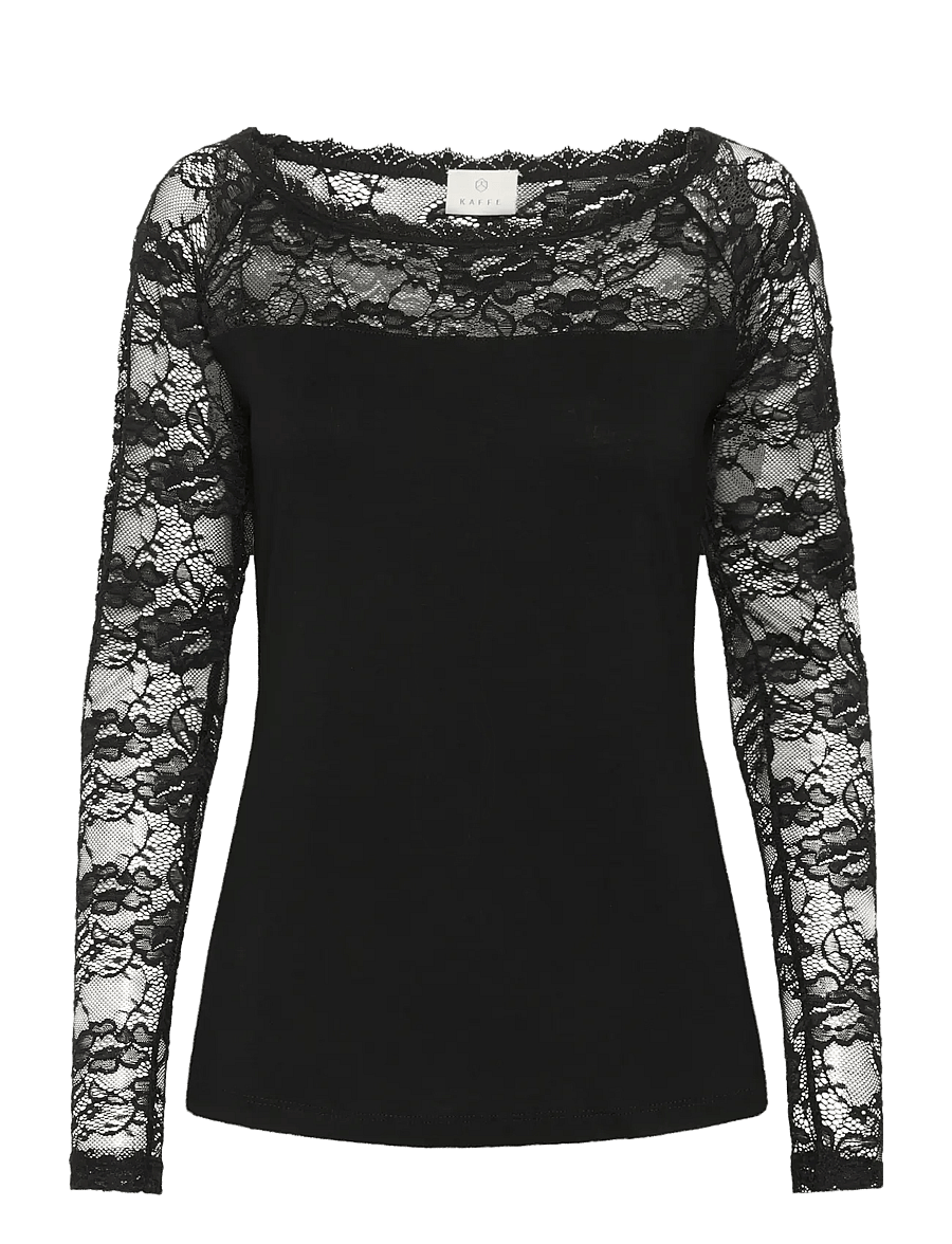 Kaffe - Lacy Boat t-shirt - long sleeved blouses - black deep - 1