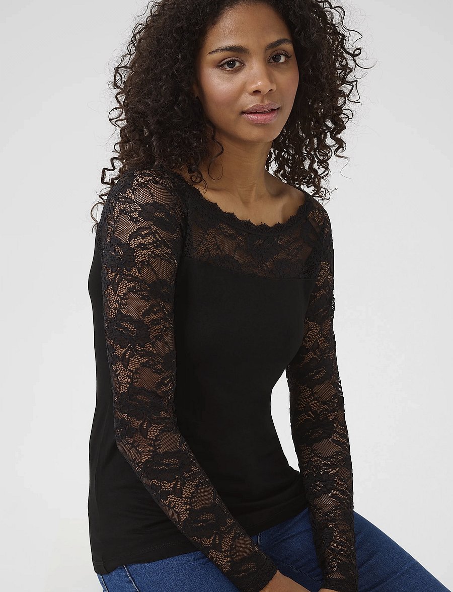 Kaffe - Lacy Boat t-shirt - long sleeved blouses - black deep - 5