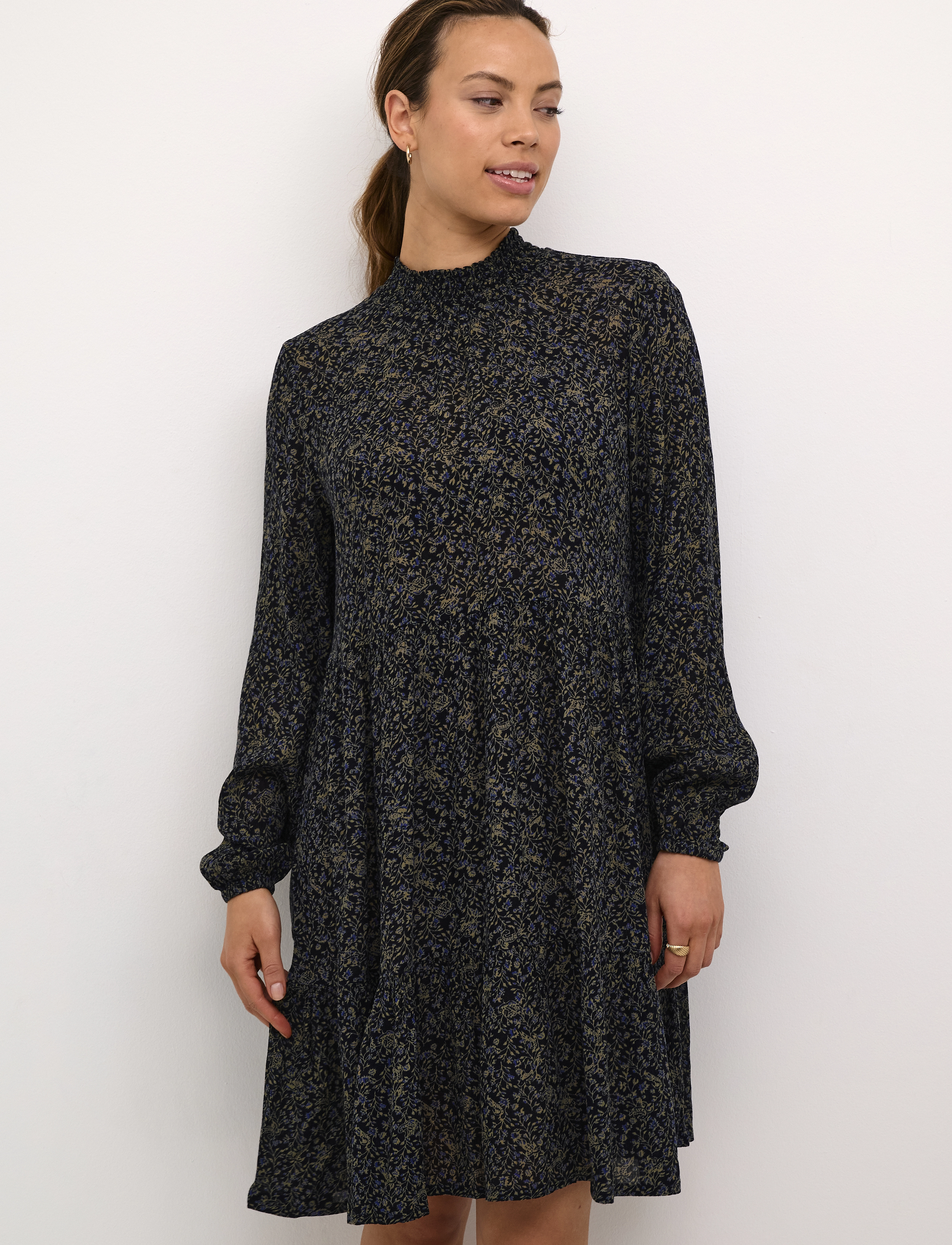 Kaffe KAsally Amber Dress LS - Klänningar - MIDNIGHT PETIT LEAF PRINT / black