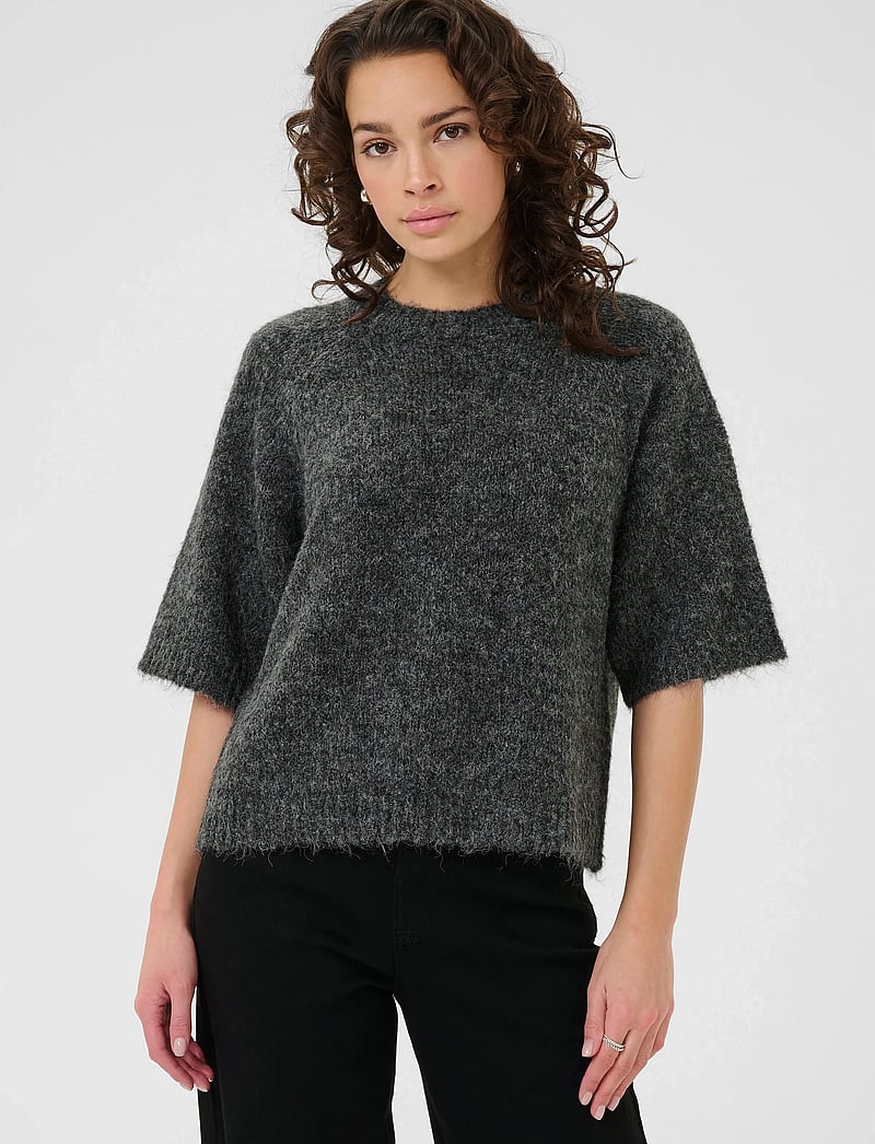 Kaffe - KAemilie Cropped Knit Pullover - stickade tröjor - dark grey melange - 0