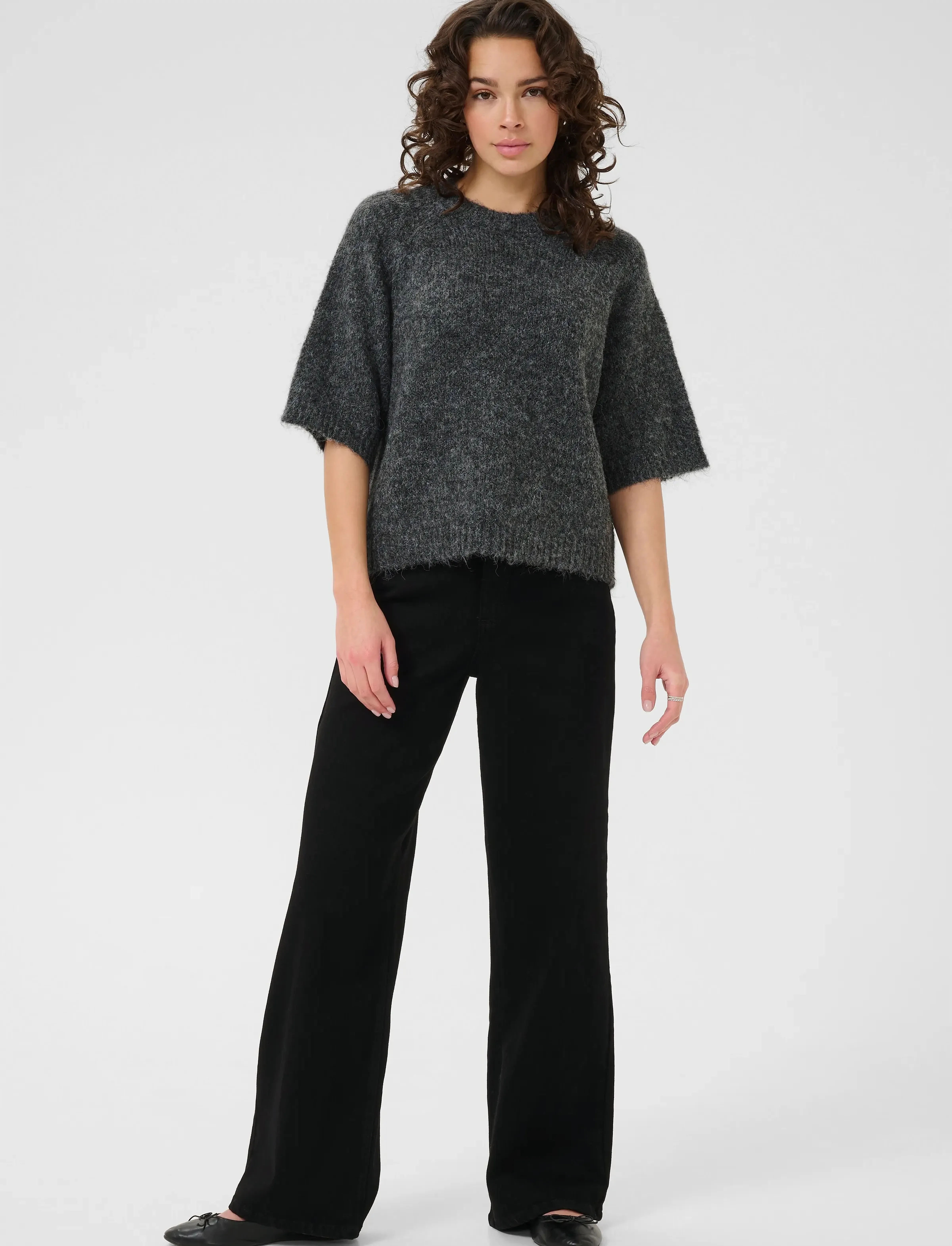 Kaffe - KAemilie Cropped Knit Pullover - džemperiai - dark grey melange - 3