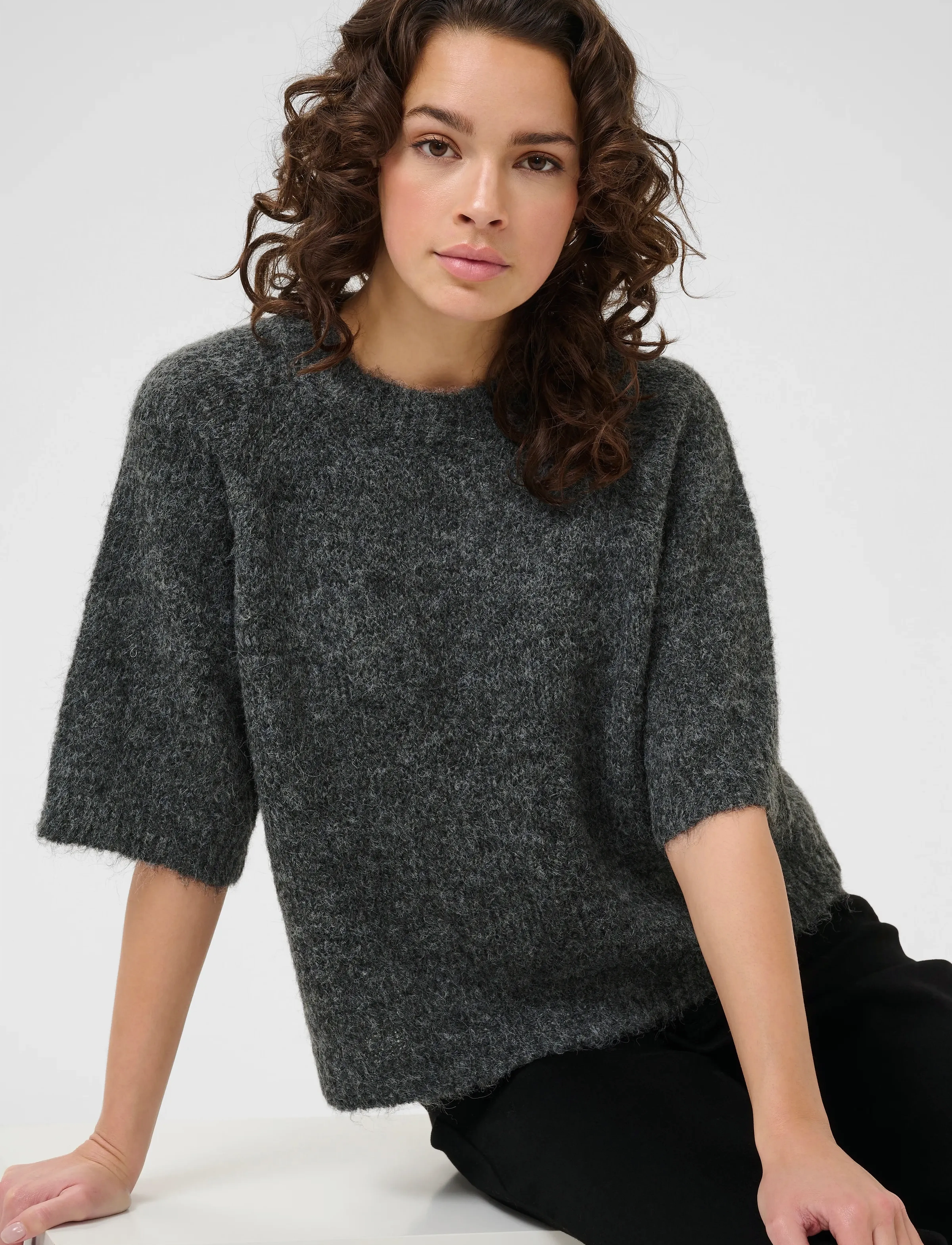 Kaffe - KAemilie Cropped Knit Pullover - džemperiai - dark grey melange - 5