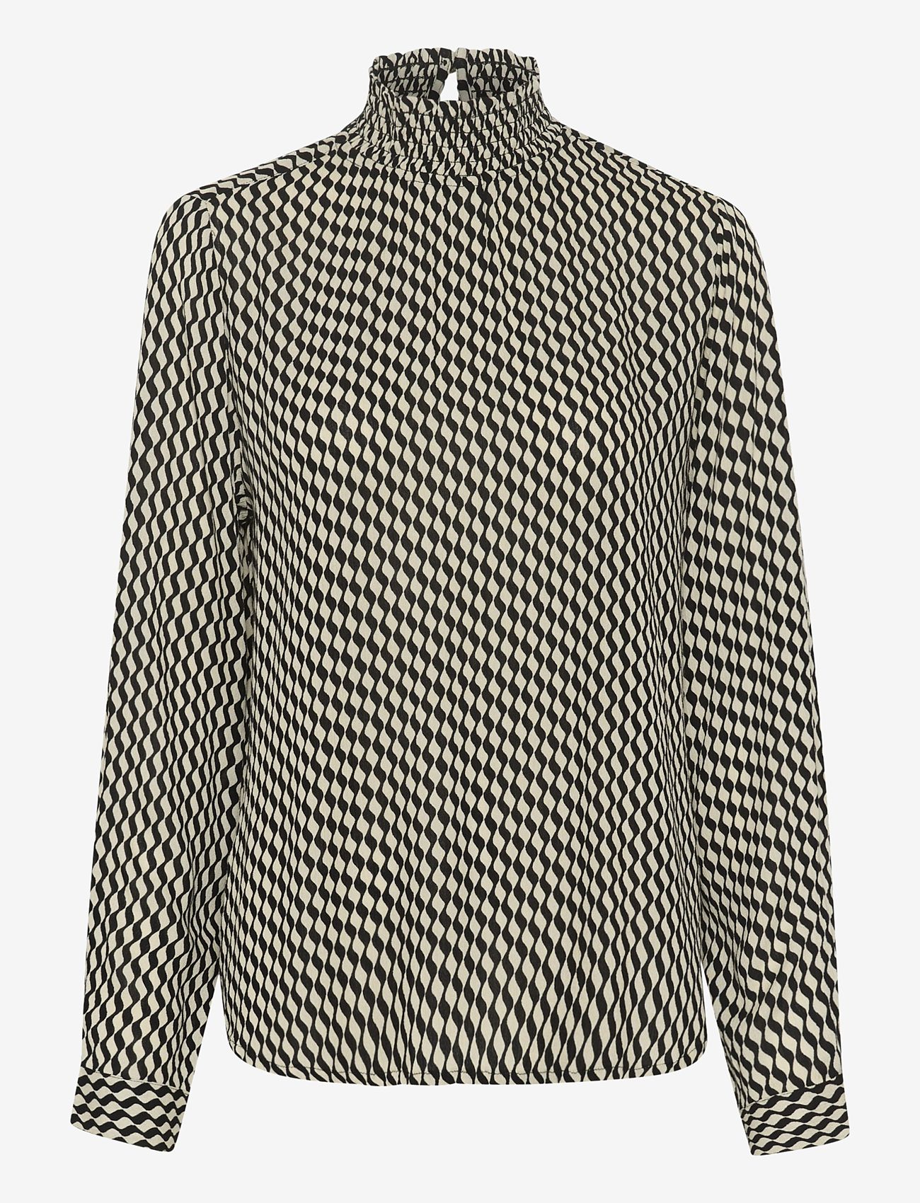 Kaffe - KAamber Smock Blouse Printed - långärmade blusar - black_white wavy print - 0