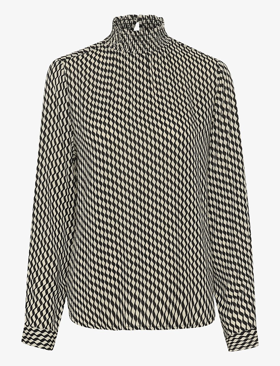 Kaffe - KAamber Smock Blouse Printed - långärmade blusar - black_white wavy print - 1