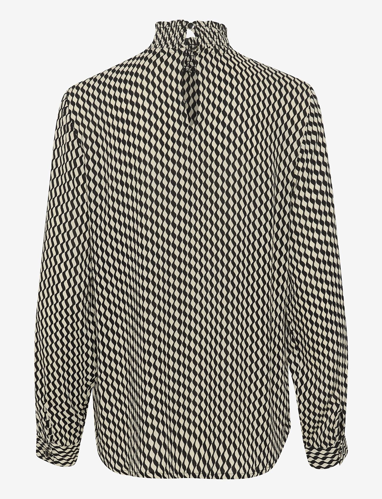 Kaffe - KAamber Smock Blouse Printed - långärmade blusar - black_white wavy print - 1