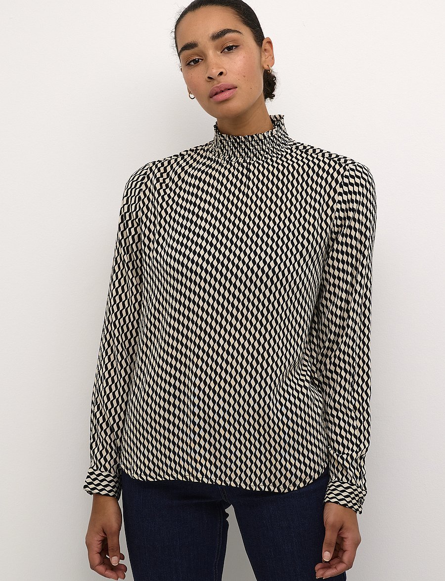 Kaffe - KAamber Smock Blouse Printed - långärmade blusar - black_white wavy print - 0