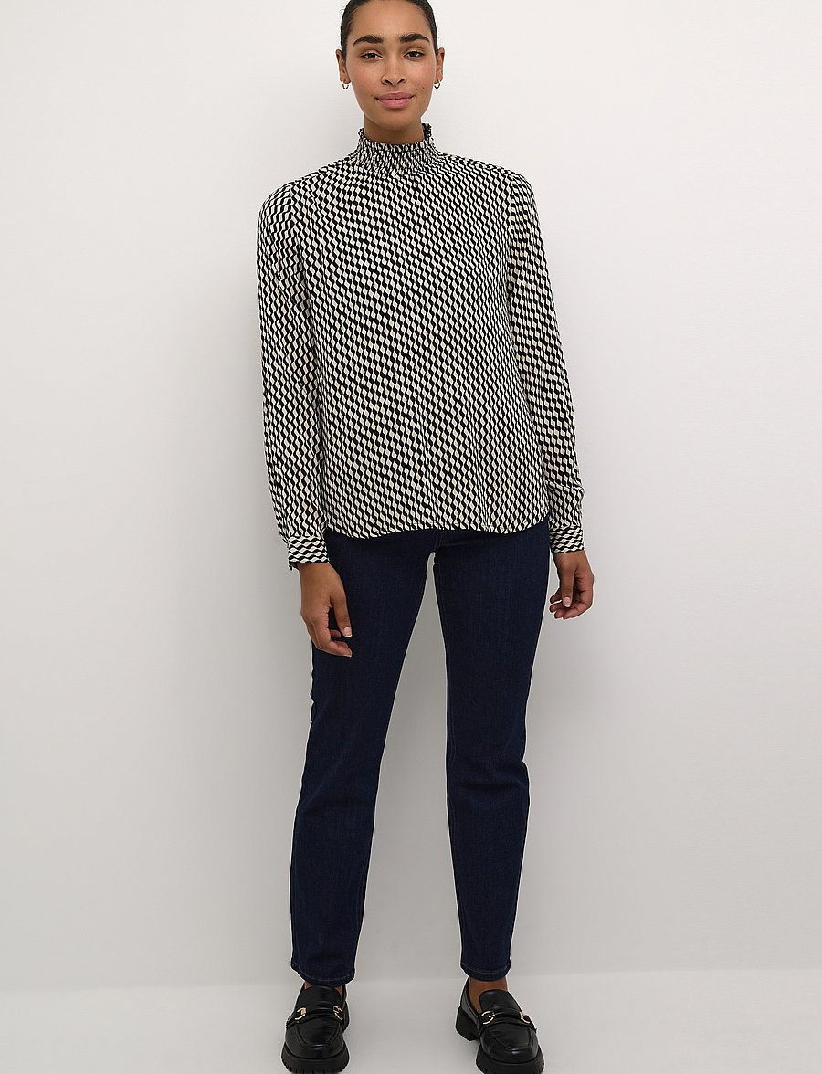 Kaffe - KAamber Smock Blouse Printed - långärmade blusar - black_white wavy print - 3