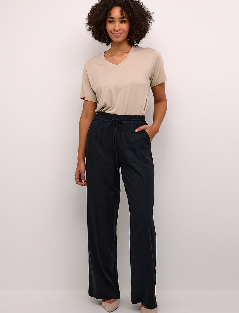 Kaffe - KAmilia Long Wide Pants HW - hørbukser - black deep - 3