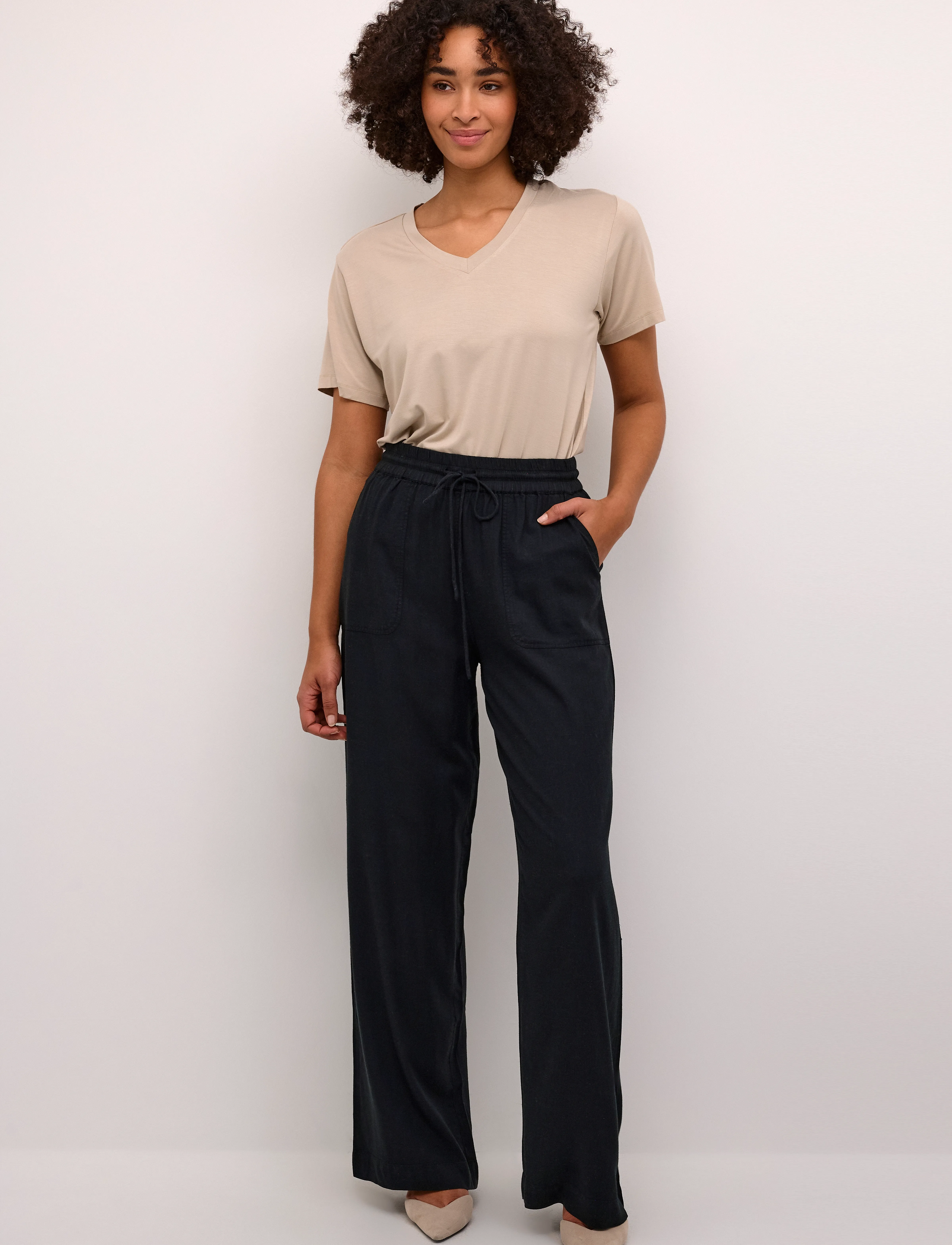 Kaffe - KAmilia Long Wide Pants HW - spodnie lniane - black deep - 3