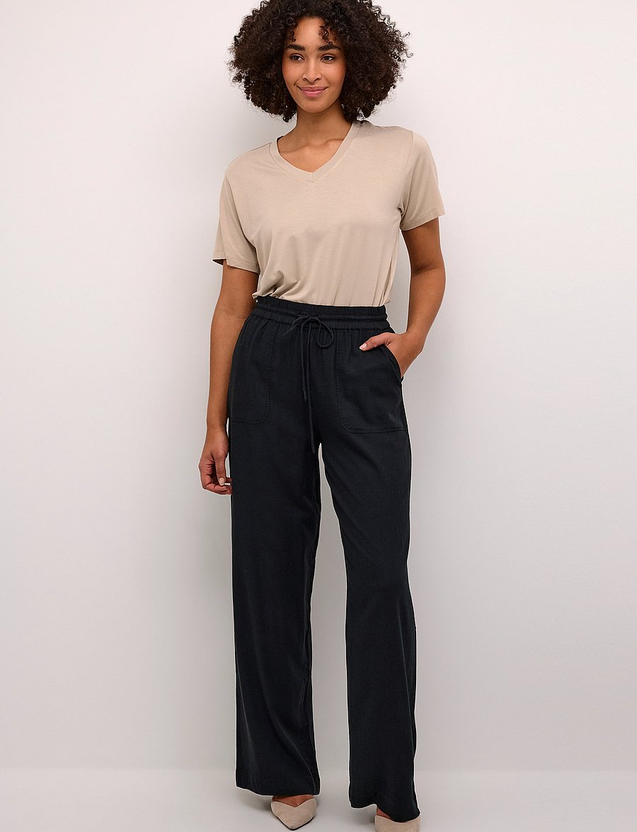 Kaffe - KAmilia Long Wide Pants HW - spodnie lniane - black deep - 3