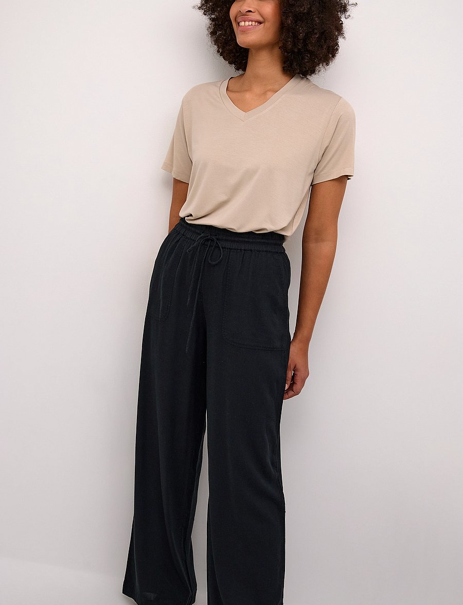 Kaffe - KAmilia Long Wide Pants HW - spodnie lniane - black deep - 5