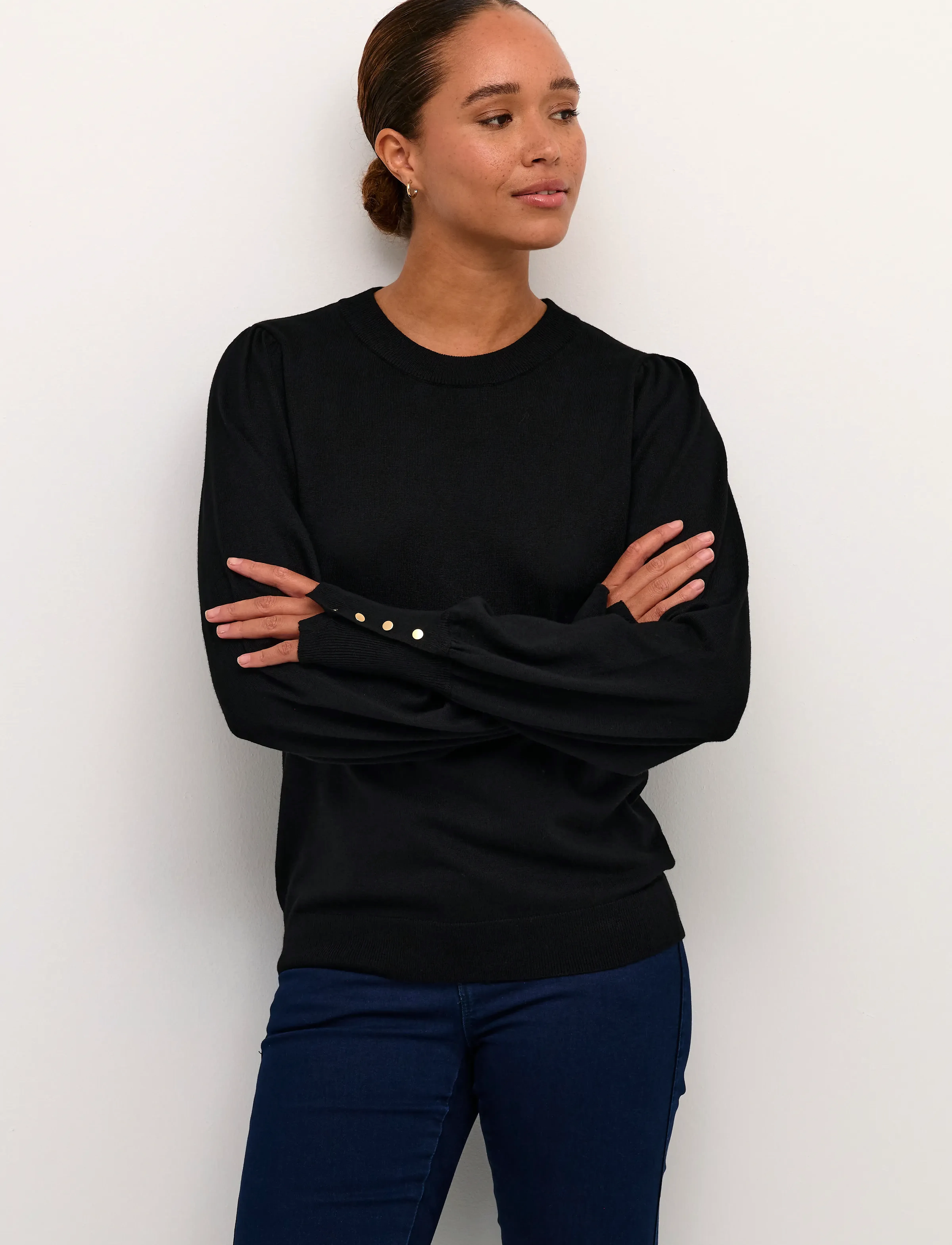 Kaffe Kalizza Round Neck Knit Pullover Bu, Kvinder, Puffærmet Strikket Pullover, Sort, Str: XS
