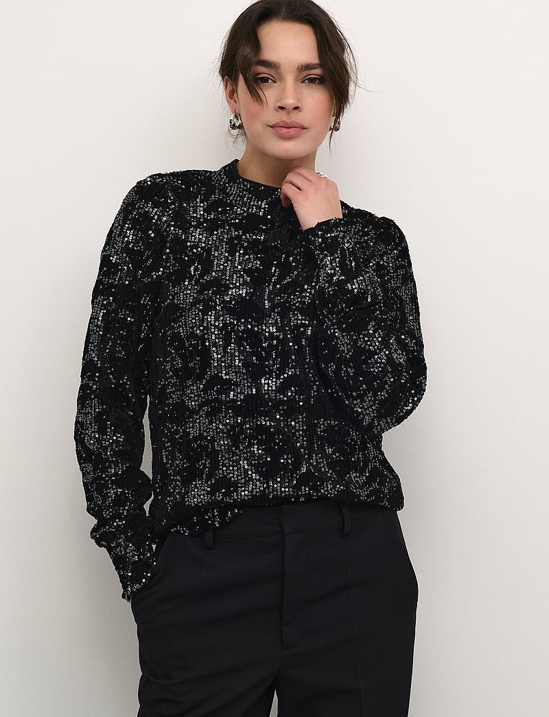 Kaffe - KAgrit Sequin Blouse - långärmade blusar - black/dark silver sequin - 0