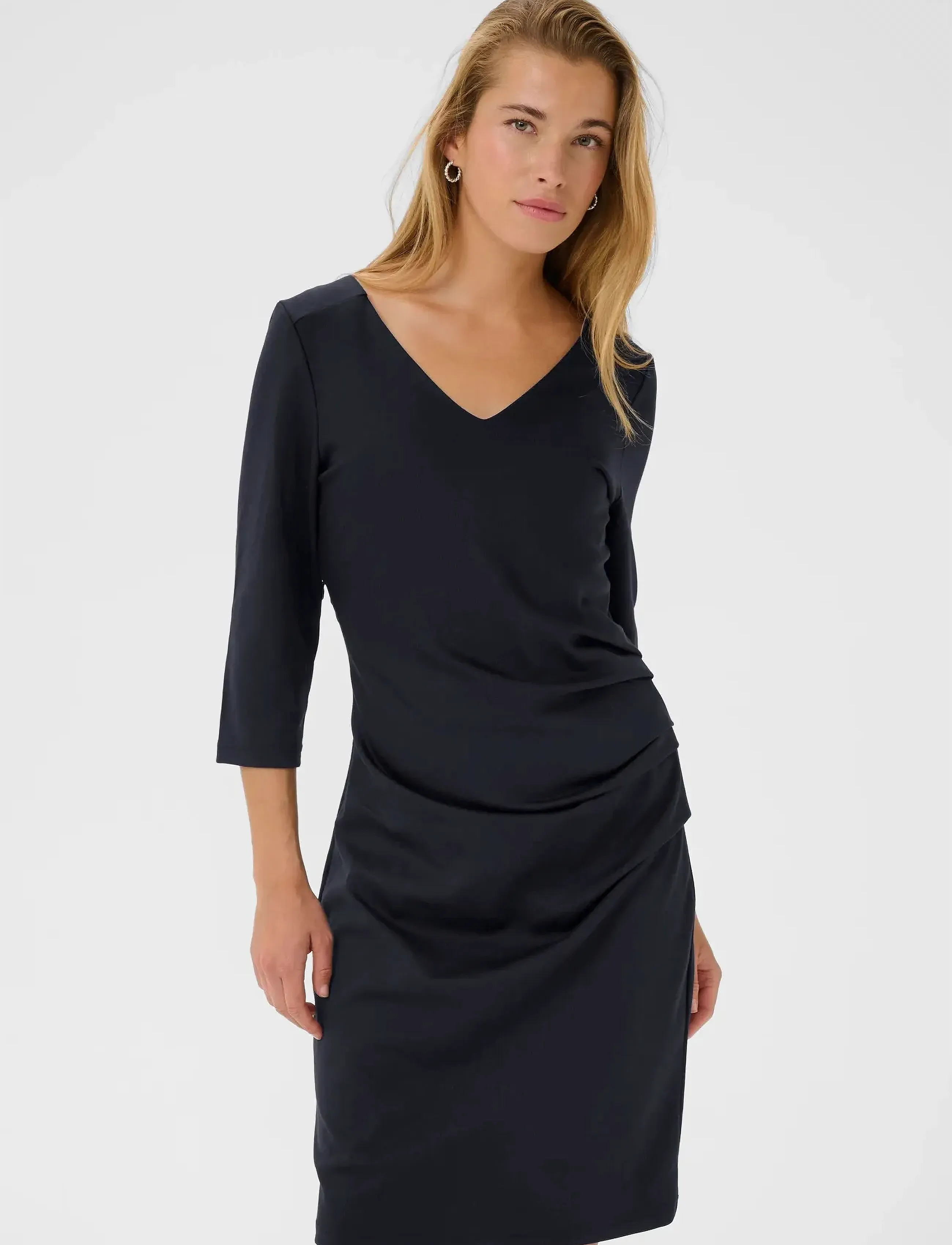 Kaffe Kaindia V-Neck 3/4 Sl Dress, Kvinder, V-Hals 3/4 Ærme Rynket Kjole, Sort, Str: XL