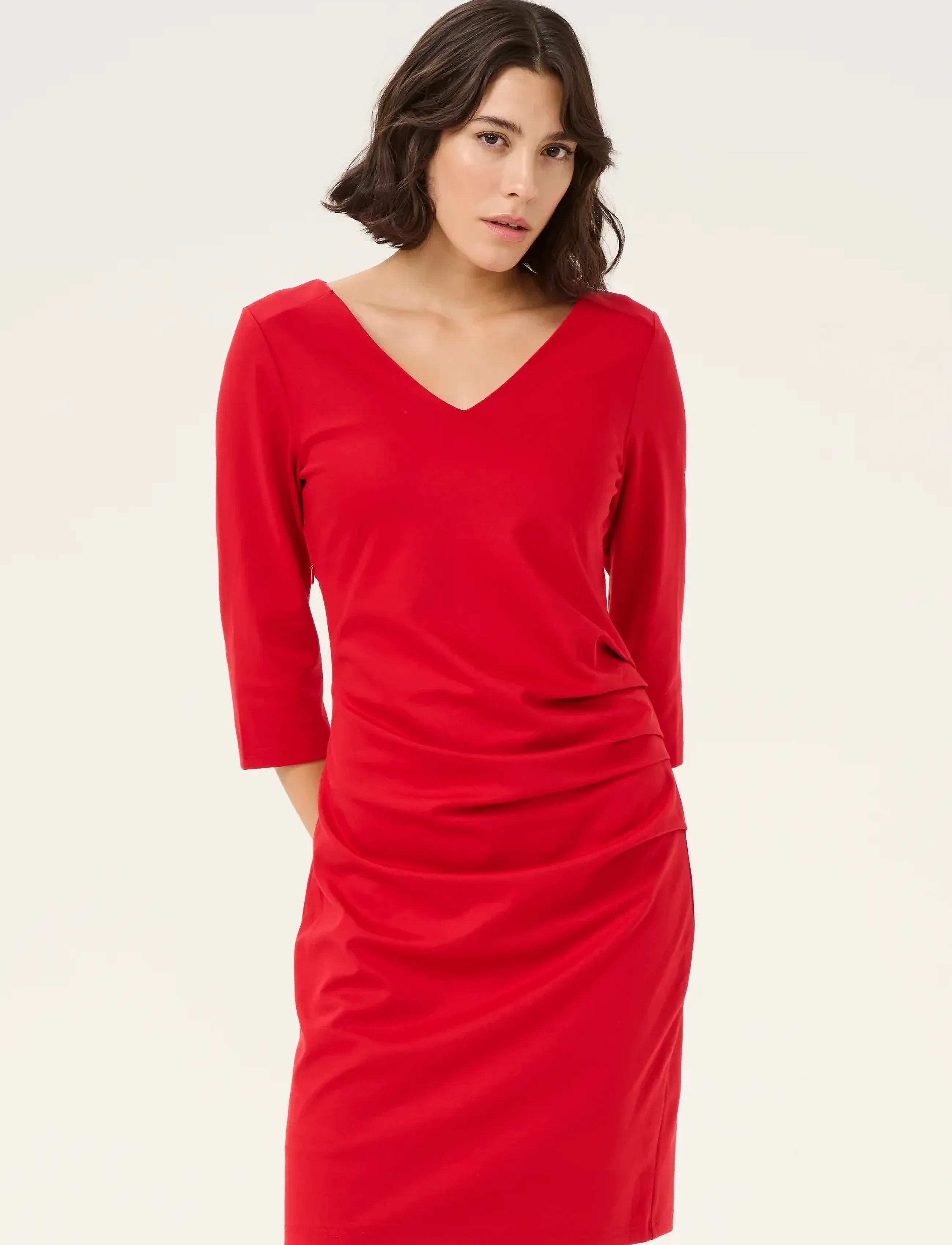Kaffe Kaindia V-Neck 3/4 Sl Dress, Kvinder, V-Hals 3/4 Ærme Rynket Kjole, Rød, Str: XS