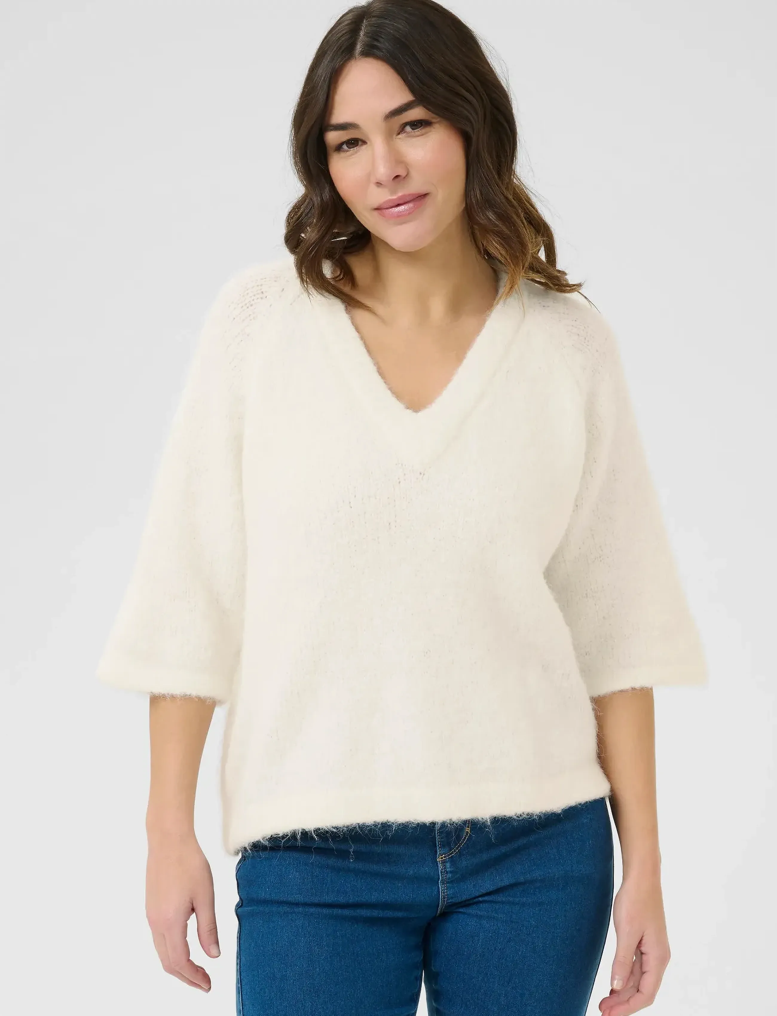 Kaffe Kaemilie V-Neck Pullover, Kvinder, Strikket Kortærmet V-hals Pullover, Hvid, Str: S