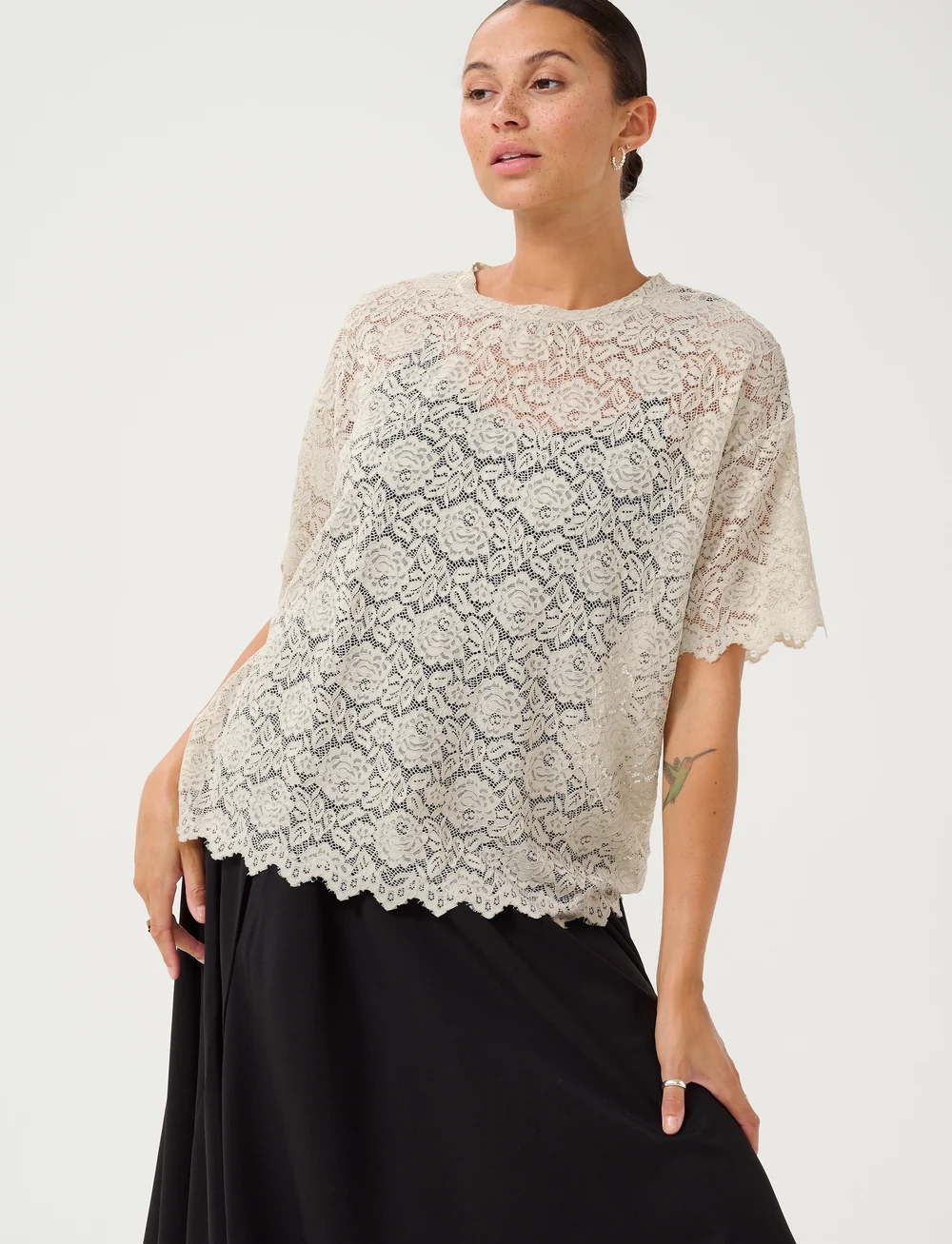Kaffe - KAjaiden Lace T-Shirt - t-särgid - moonstruck - 0