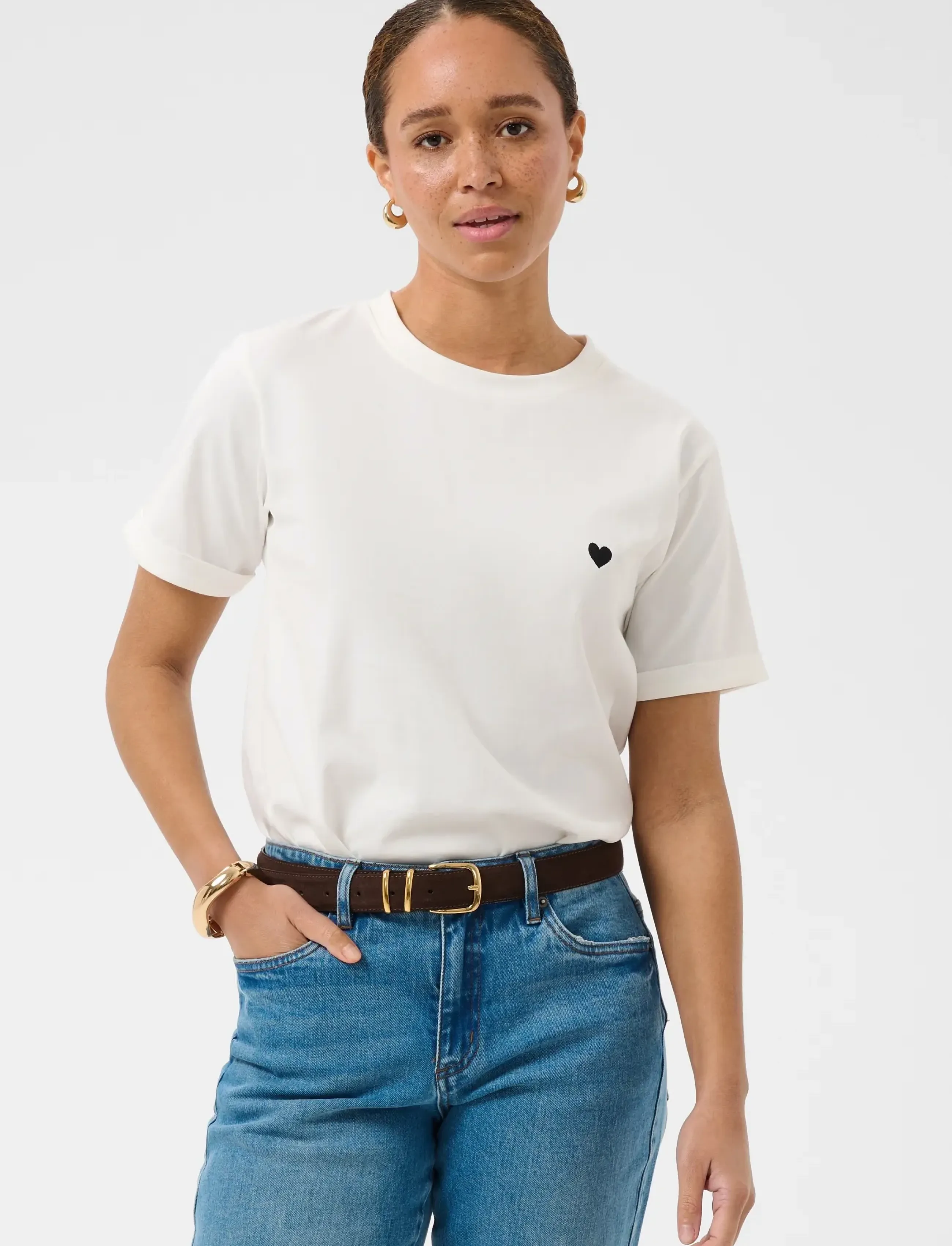 Kaffe Kaheart T-Shirt, M, Cream, T-Shirts & Toppe > Kortærmede, Dame