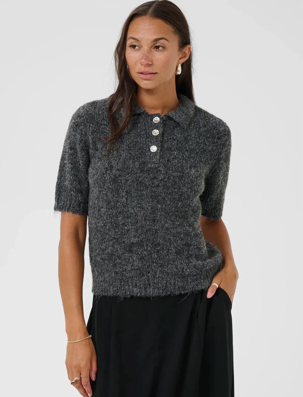 Kaffe - KAemilie Polo Pullover - stickade tröjor - dark grey melange - 0
