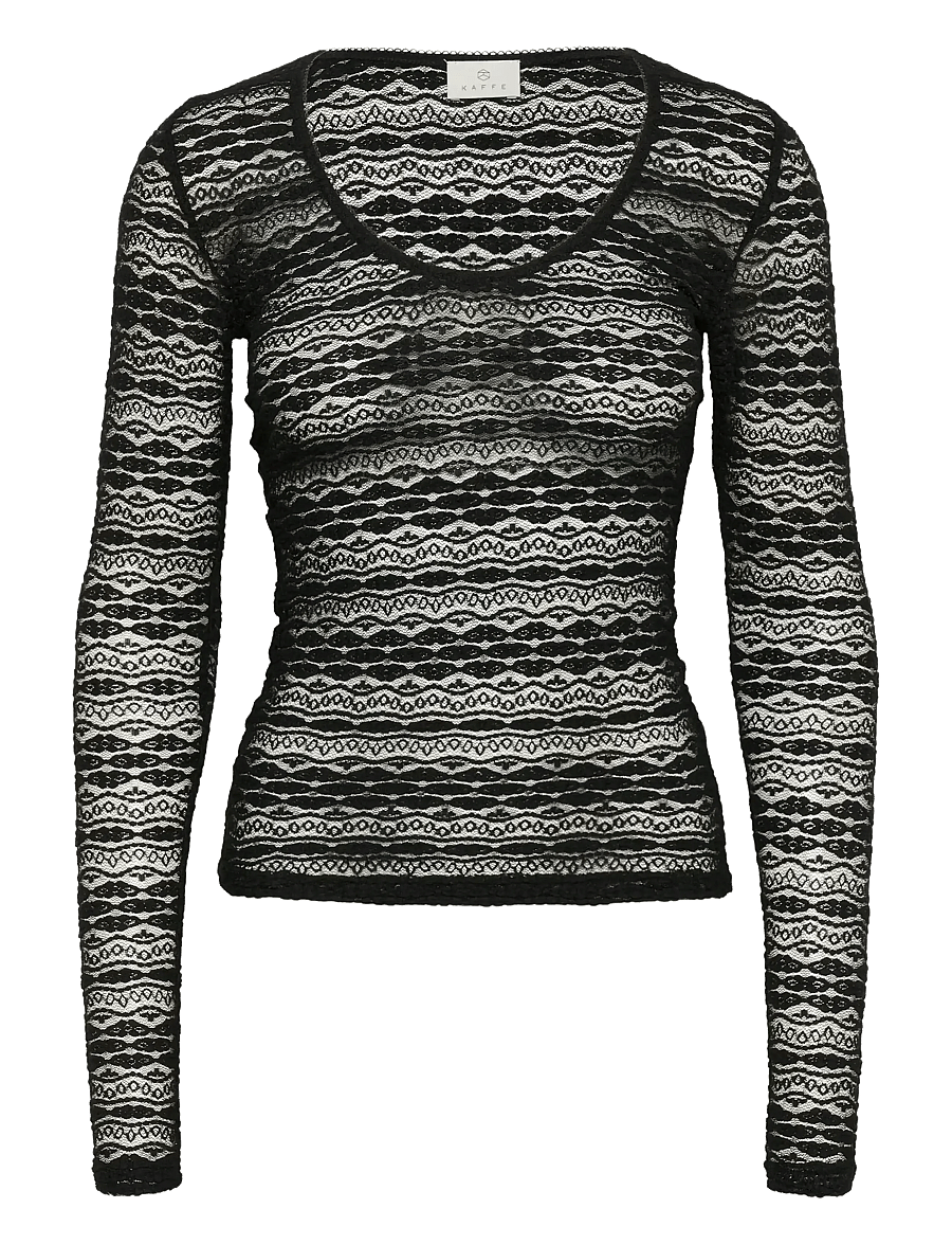 Kaffe - KAlorinda LS Lace T-Shirt - långärmade toppar - black deep - 1