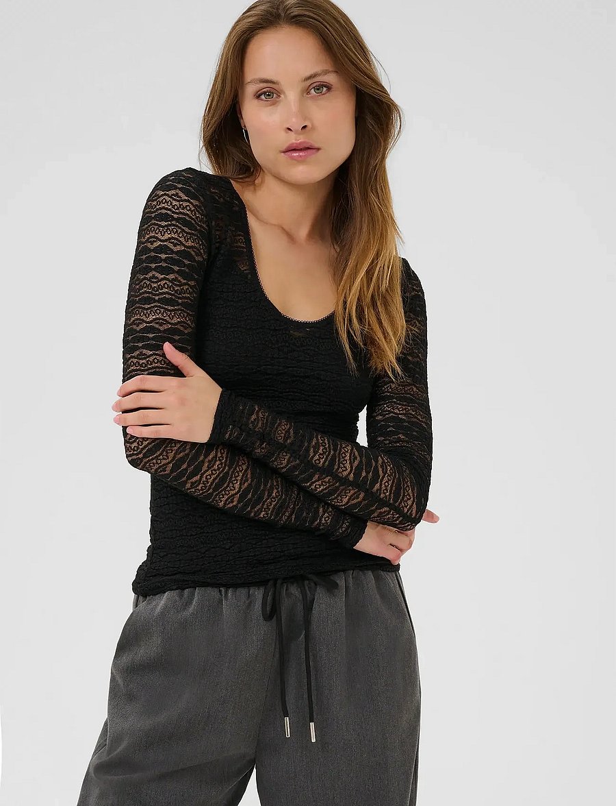 Kaffe - KAlorinda LS Lace T-Shirt - långärmade toppar - black deep - 0