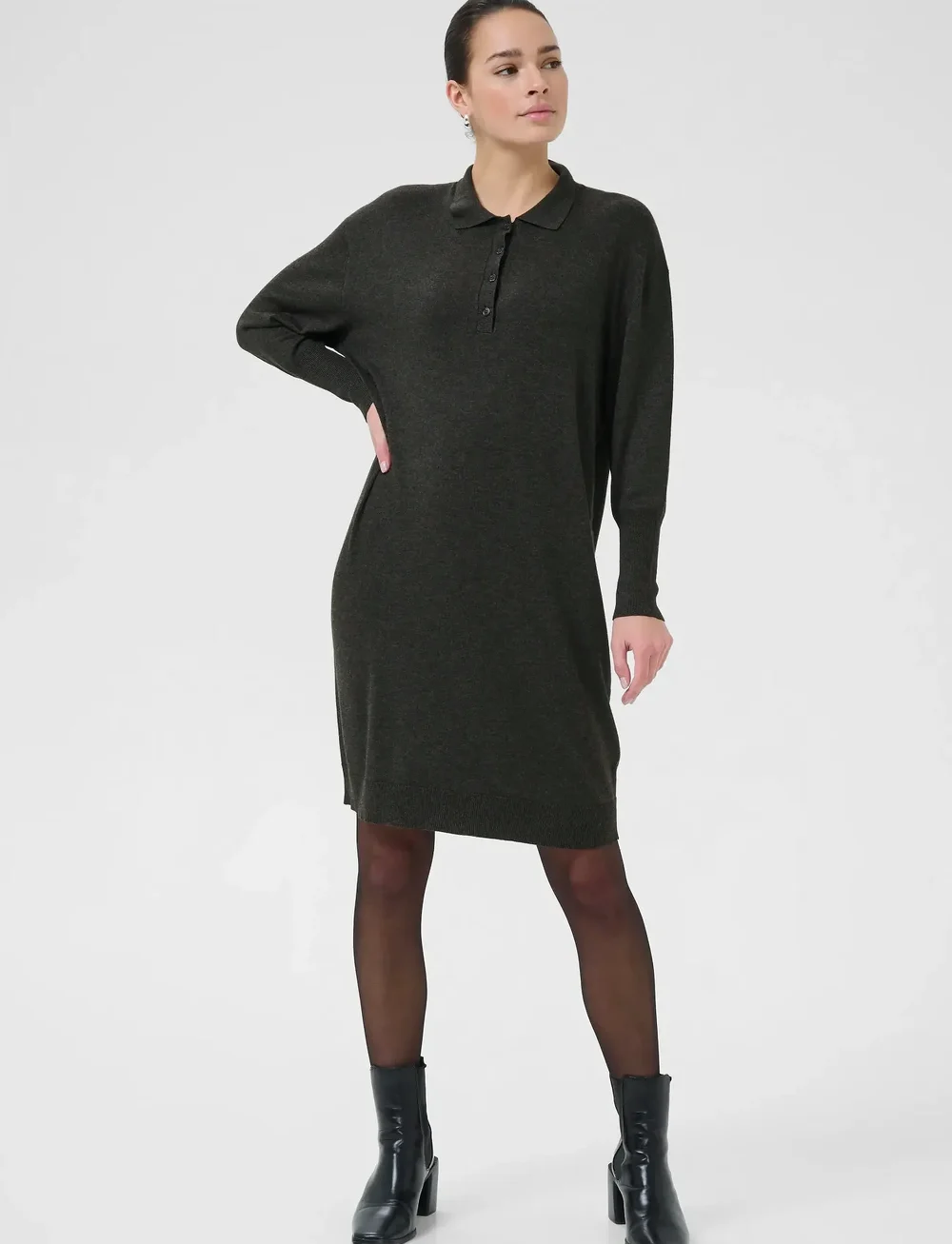 Kaffe - KAlizza Polo Knit Dress - skjortklänningar - dark grey melange - 3