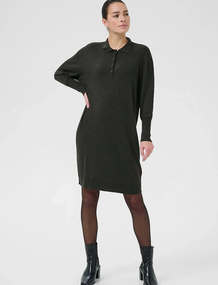 Kaffe - KAlizza Polo Knit Dress - särkkleidid - dark grey melange - 3
