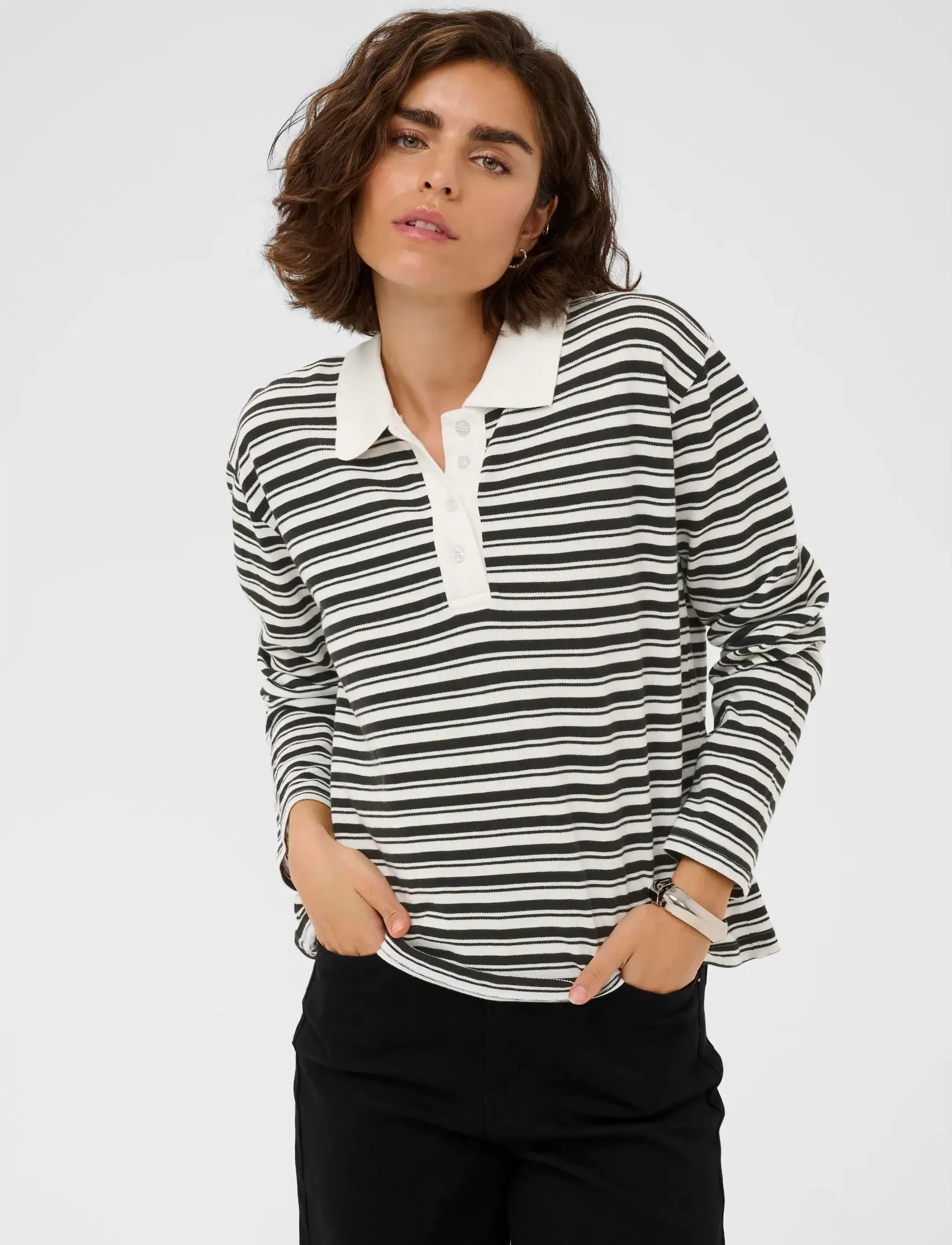 Kaffe KAmiala Polo LS T-Shirt - Kaffe - CHALK WITH BLACK DEEP STRIPE / black