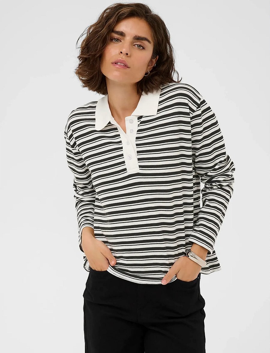 Kaffe - KAmiala Polo LS T-Shirt - polosärgid - chalk with black deep stripe - 0