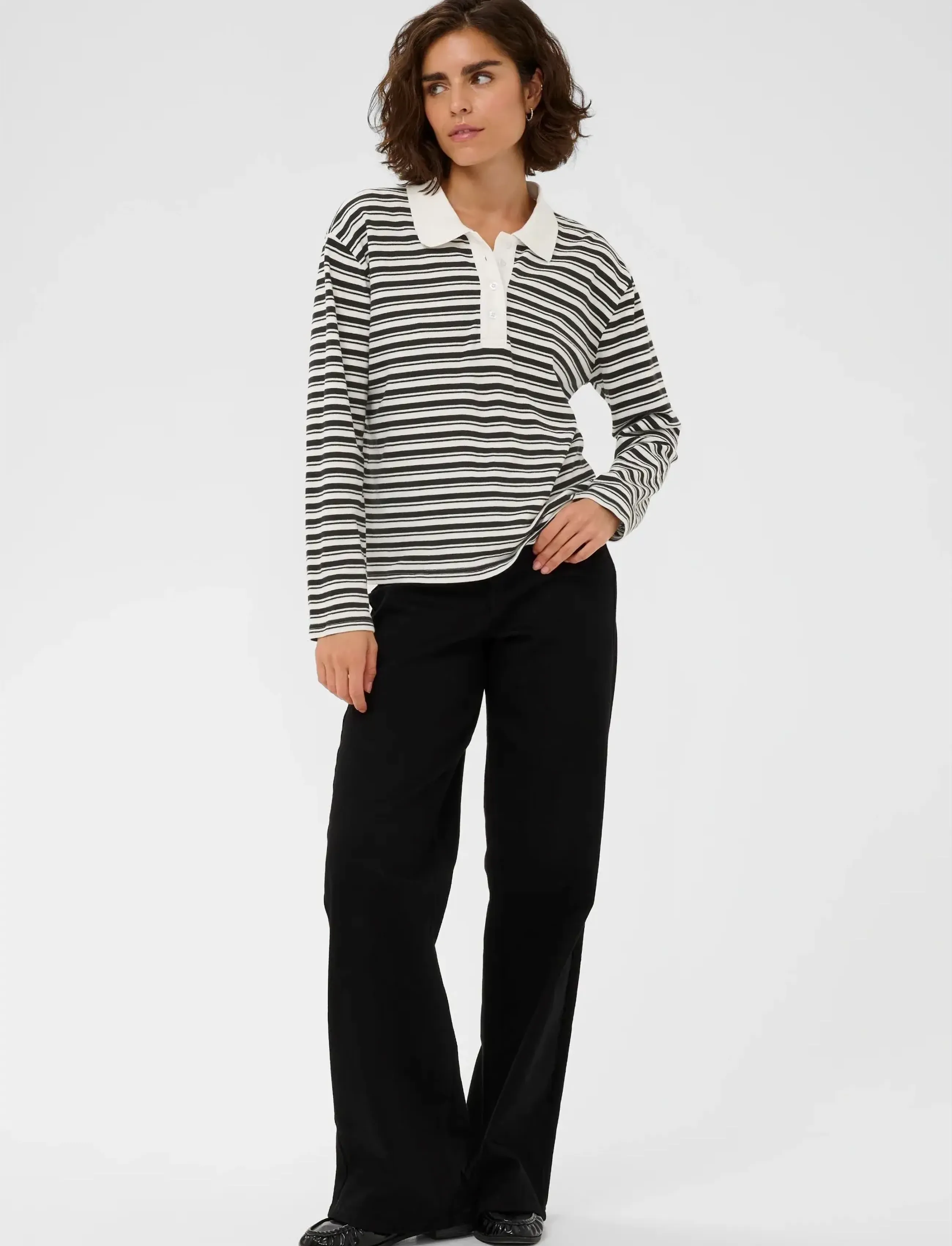 Kaffe - KAmiala Polo LS T-Shirt - poloshirts - chalk with black deep stripe - 3