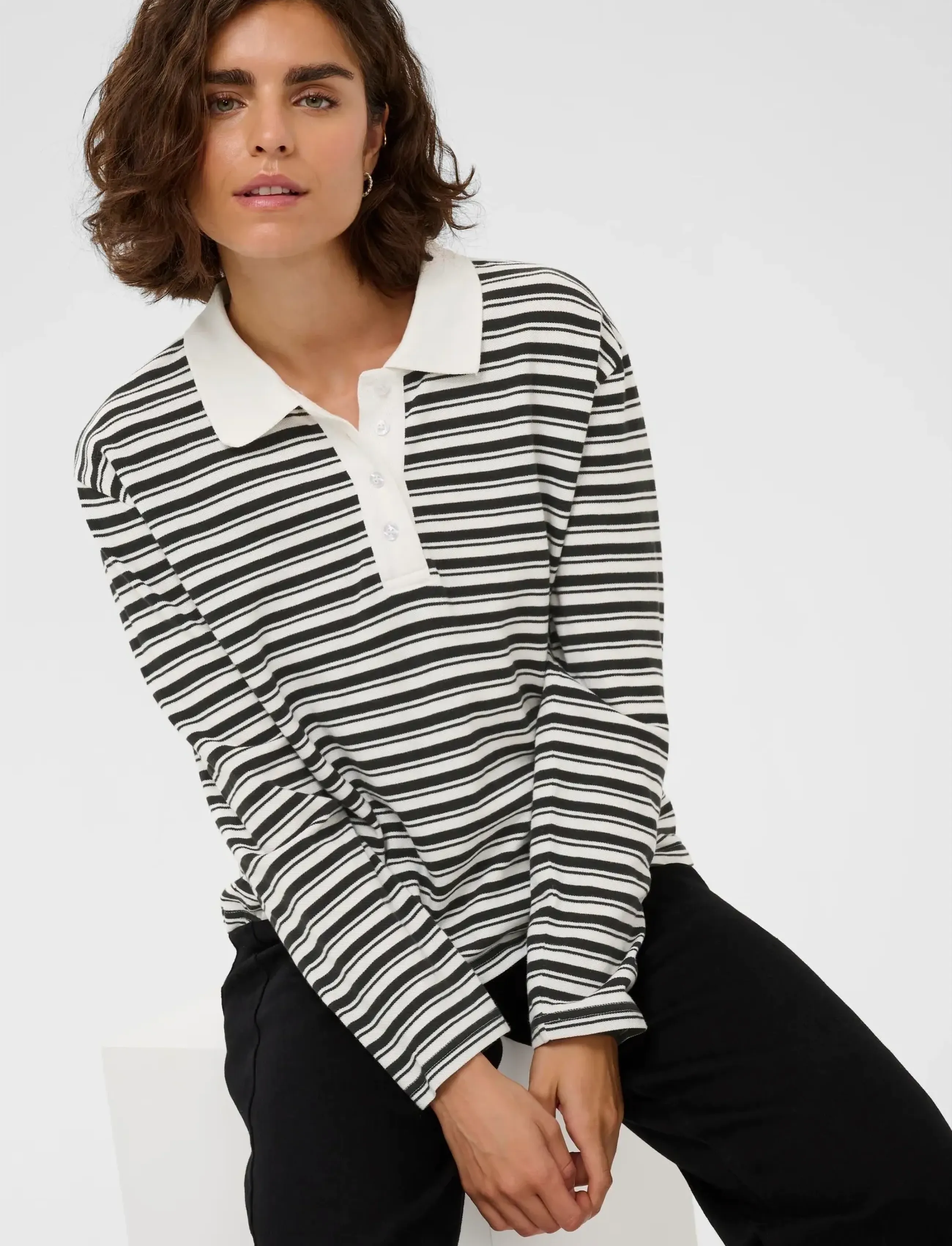 Kaffe - KAmiala Polo LS T-Shirt - poloshirts - chalk with black deep stripe - 5