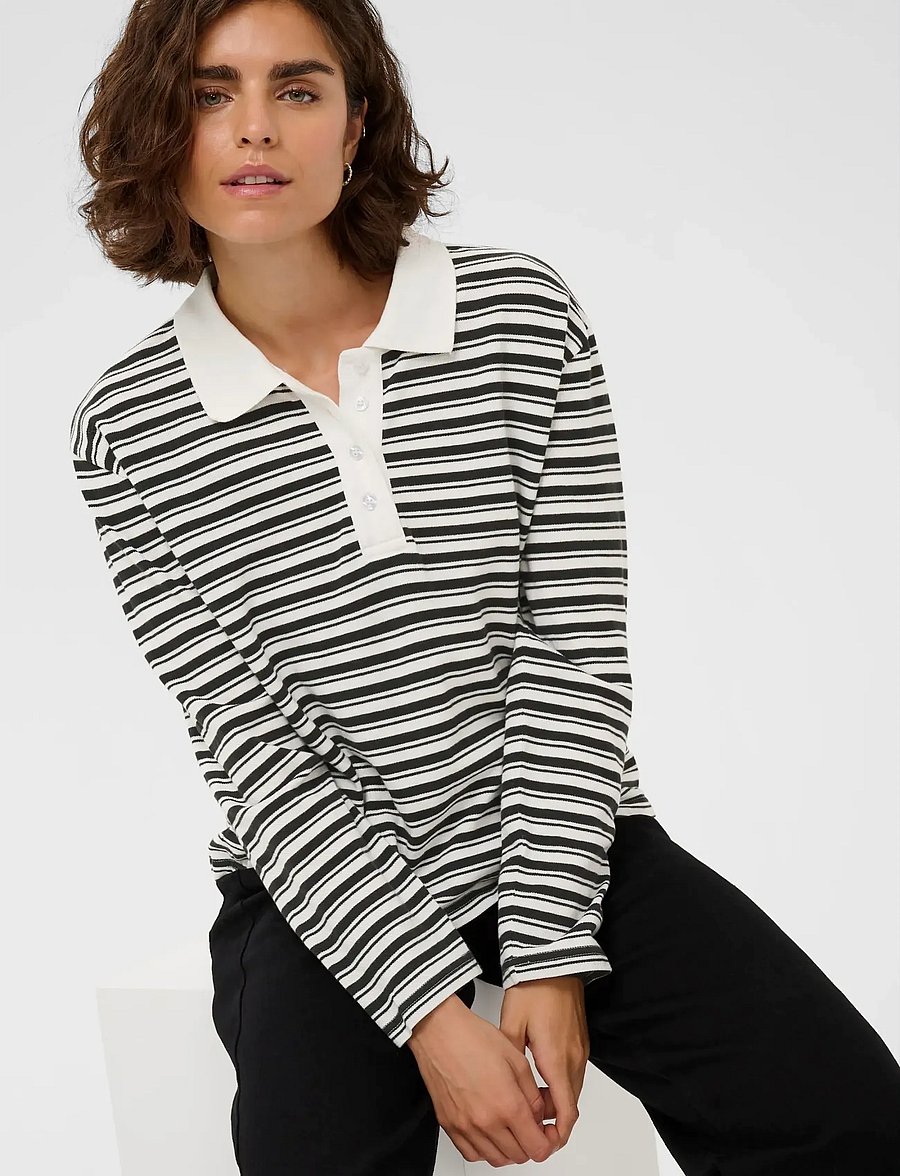 Kaffe - KAmiala Polo LS T-Shirt - polosärgid - chalk with black deep stripe - 5