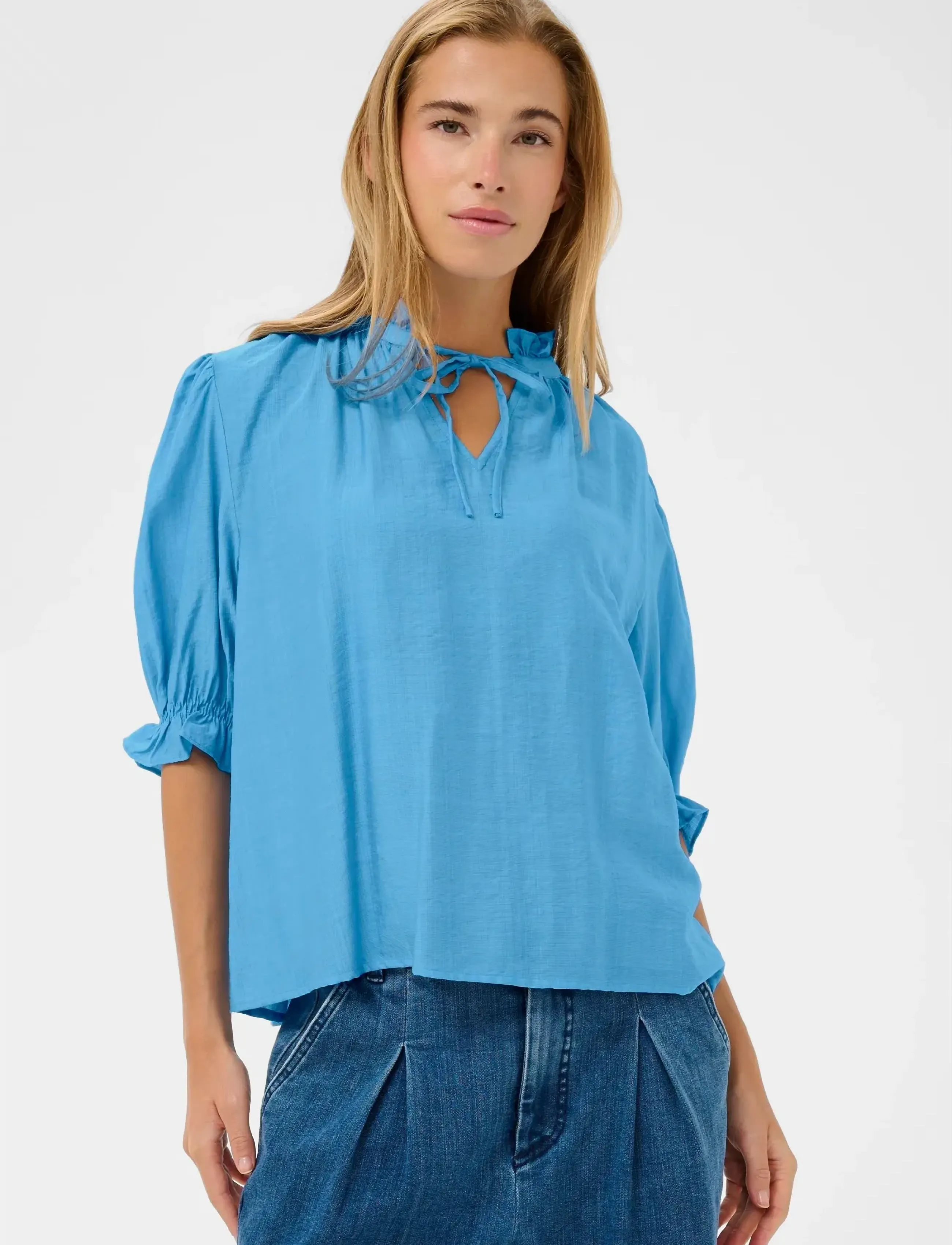 Kaffe Kalufia Frill Blouse, 40, Blue, Bluser > Kortærmede, Dame